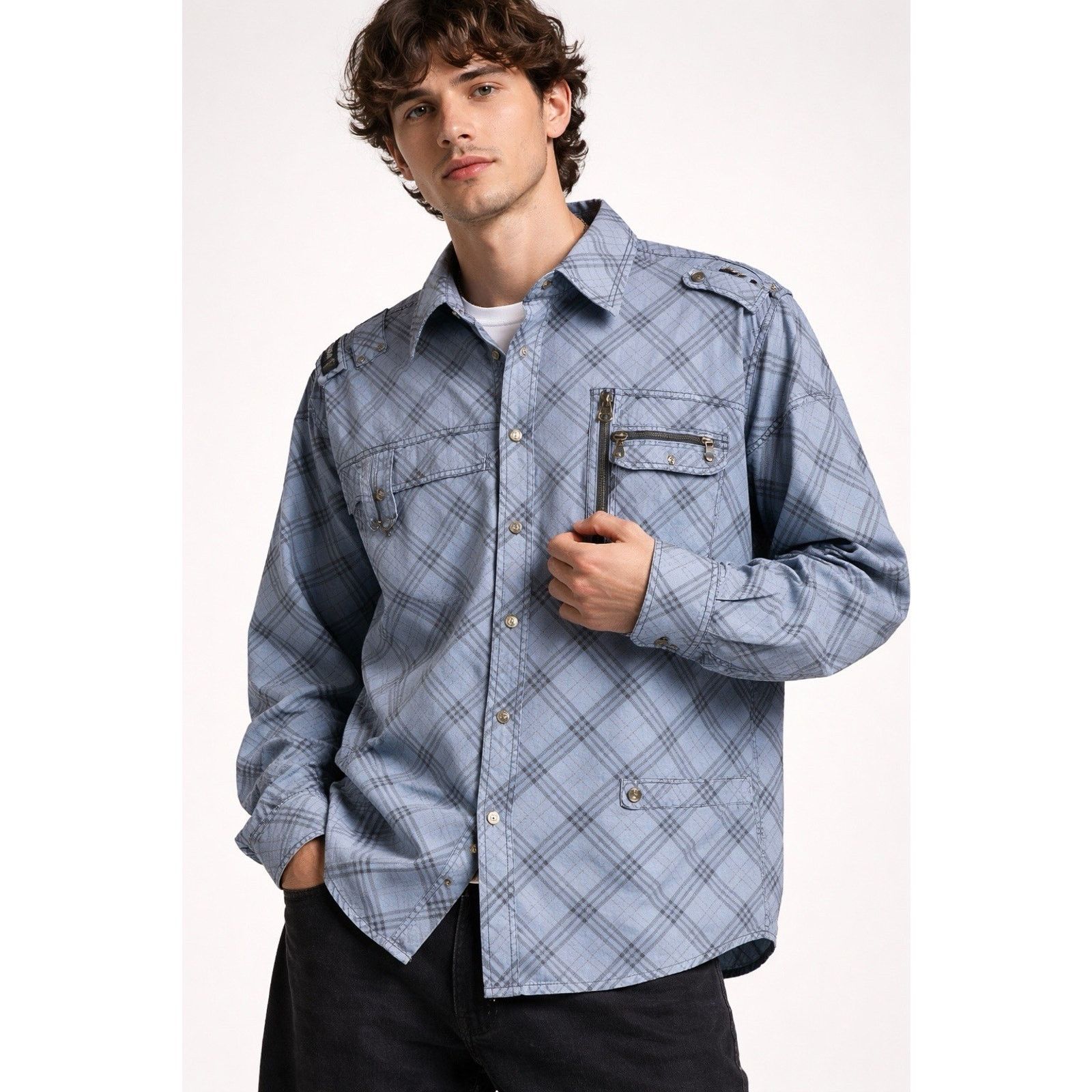 FUSAI Utility Shirt Mens XXL Blue Plaid Zip Pocket Military Shirt Size US XXL / EU 58 / 5 - 1 Thumbnail