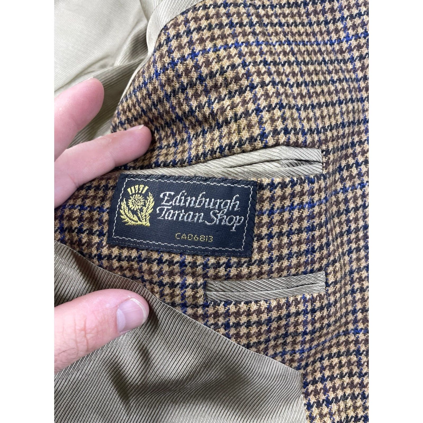 Vintage Edinburgh Sport Coat Men 46R Brown 100% Cashmere Houndstooth Blazer Jacket Elbow Edinburgh Size 46R - 4 Thumbnail