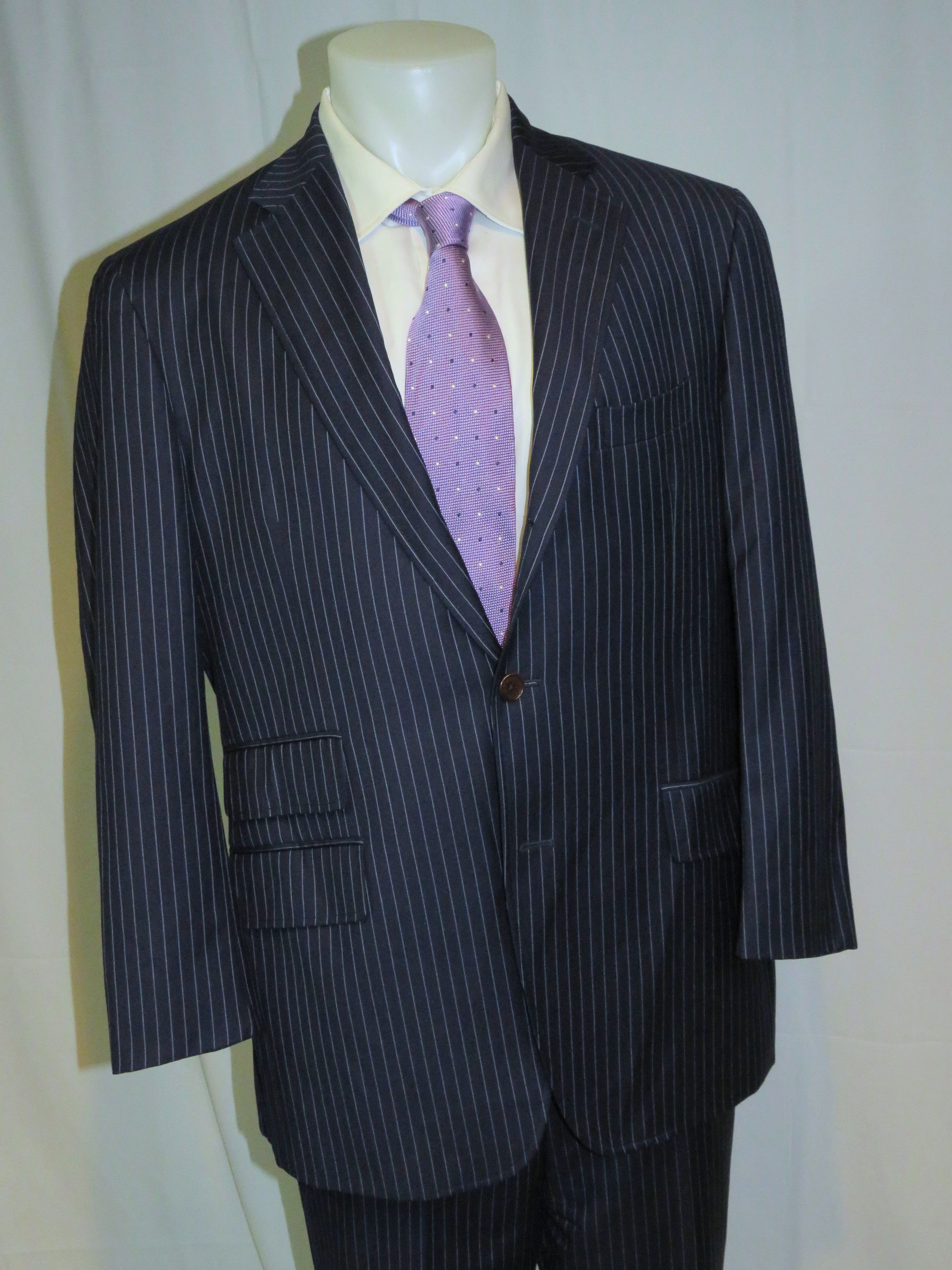 Etro Navy Blue Striped Flat Front Three Roll Two Suit 44 Size 44R - 8 Thumbnail