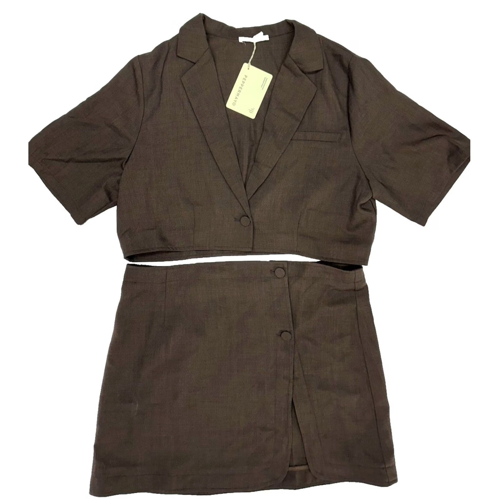 Vintage Peppermayo Cropped Blazer & Mini Skirt Business Dress Set Brown Women's 10 Size 32" / US 10 / IT 46 - 3 Thumbnail