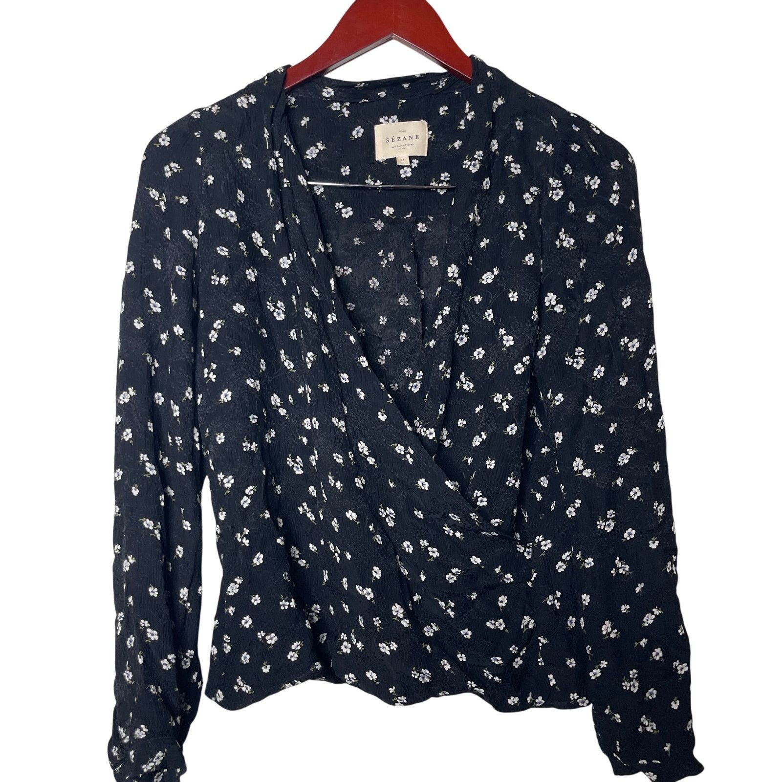 Sezane Sezane ABÉLIA WRAP BLOUSE two toned jacquard Black Floral Size XS / US 0-2 / IT 36-38 - 2 Thumbnail