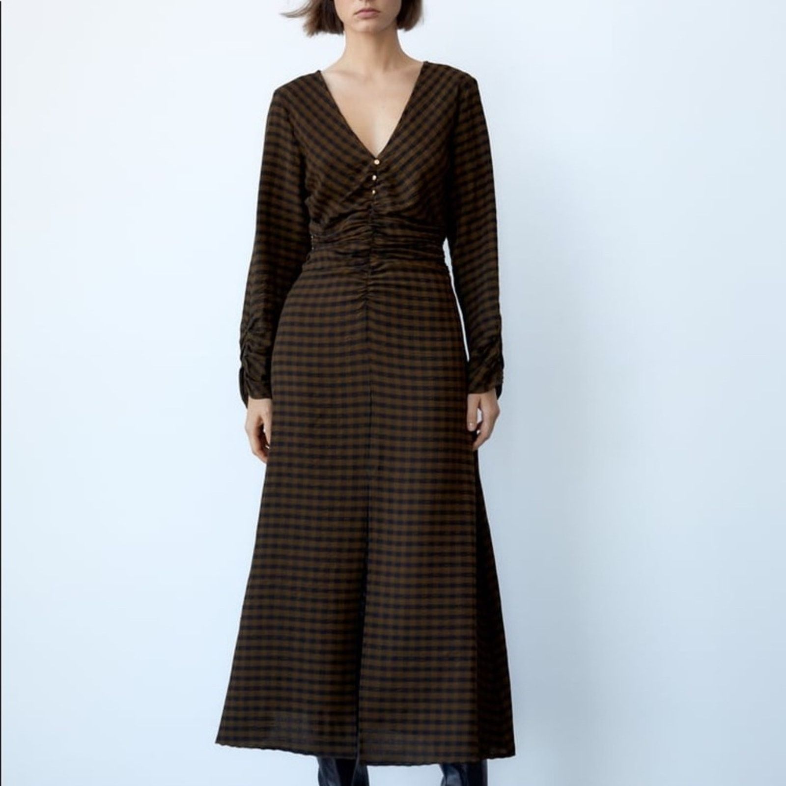 Zara ZARA DRAPED PLAID DRESS BLACK / GREEN Size XS / US 0-2 / IT 36-38 - 1 Thumbnail