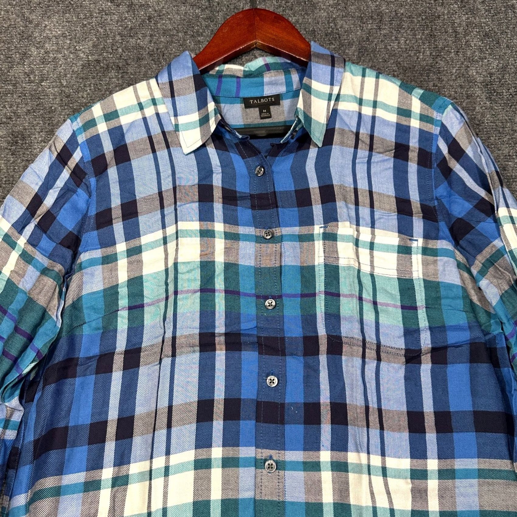 Talbots Talbots Womens Medium Blue Plaid Shirt Button Up Blouse Pocket Button Cuffs Size M / US 6-8 / IT 42-44 - 4 Thumbnail