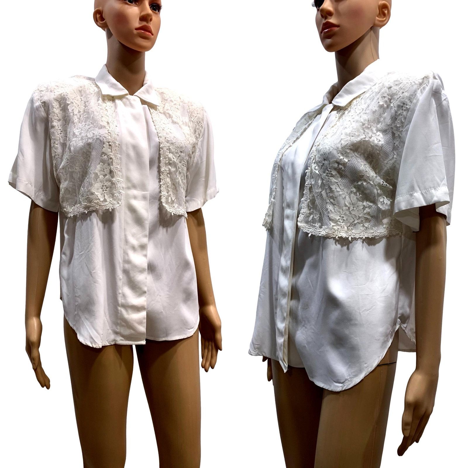 Vintage 80s White Short Sleeve Romantic Blouse w Lace Vest / Shrug Size S / US 4 / IT 40 - 4 Thumbnail