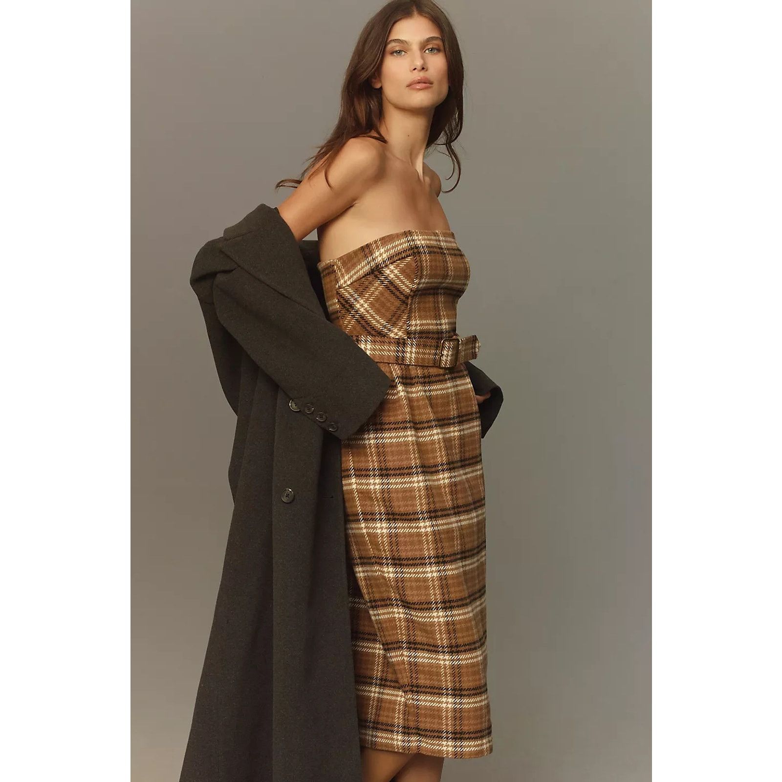 Anthropologie NWT Strapless Belted Midi Dress $178 SIZE 6 Brown PLAID Wool Size M / US 6-8 / IT 42-44 - 2 Thumbnail