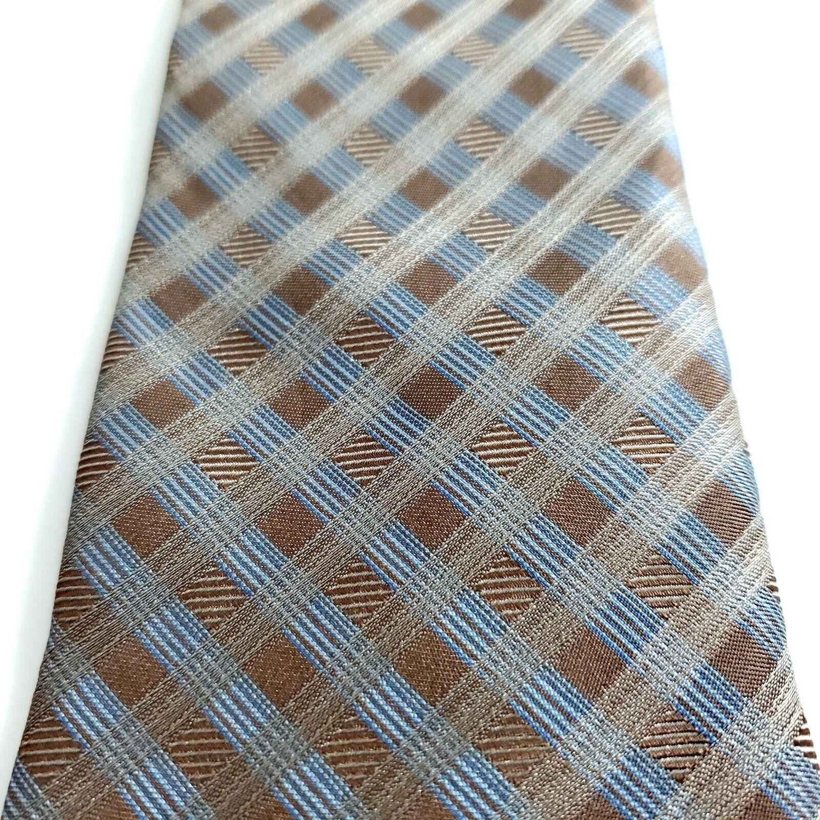 Calvin Klein Calvin Klein Brown Blue Plaid Woven Silk Tie Size ONE SIZE - 2 Thumbnail
