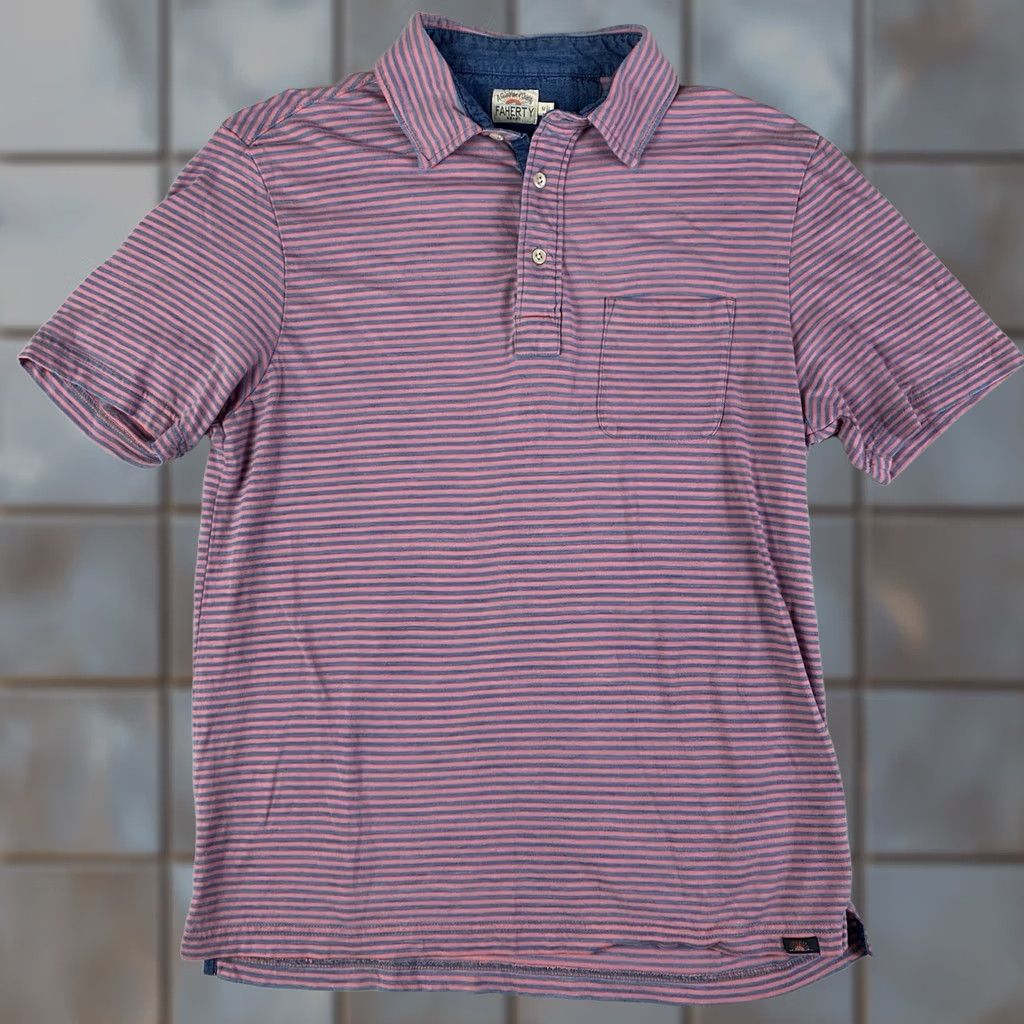 Faherty Faherty Polo Shirt Mens Medium Blue Pink Stripe Organic Cotton Pocket Casual Polo Shirt M Mens Pink Stripe Polo Shirt Size US M / EU 48-50 / 2 - 1 Thumbnail