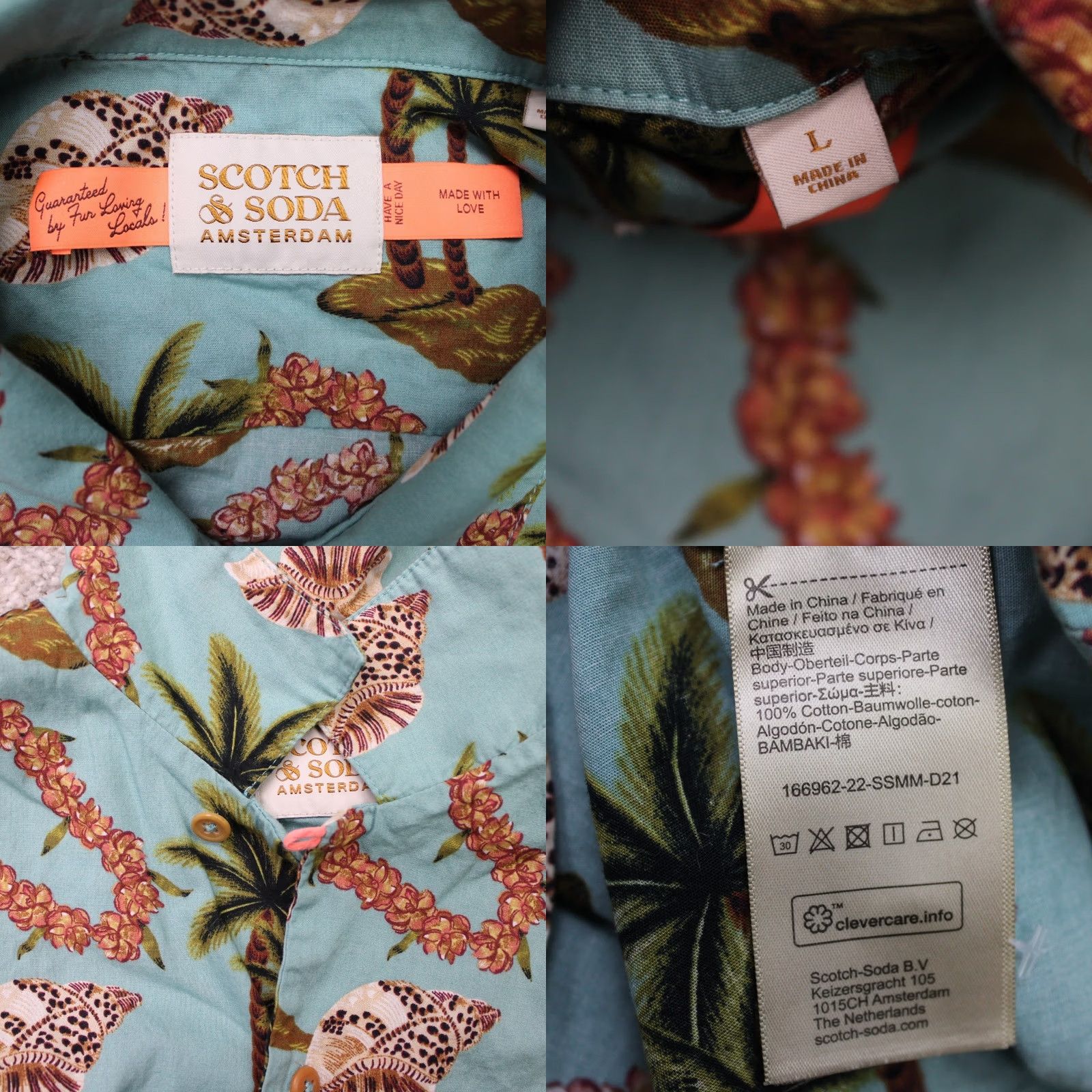 Scotch & Soda Scotch & Soda Shirt Mens Large Blue Floral Poplin Hawaiian Cotton Short Sleeve Size US L / EU 52-54 / 3 - 8 Thumbnail