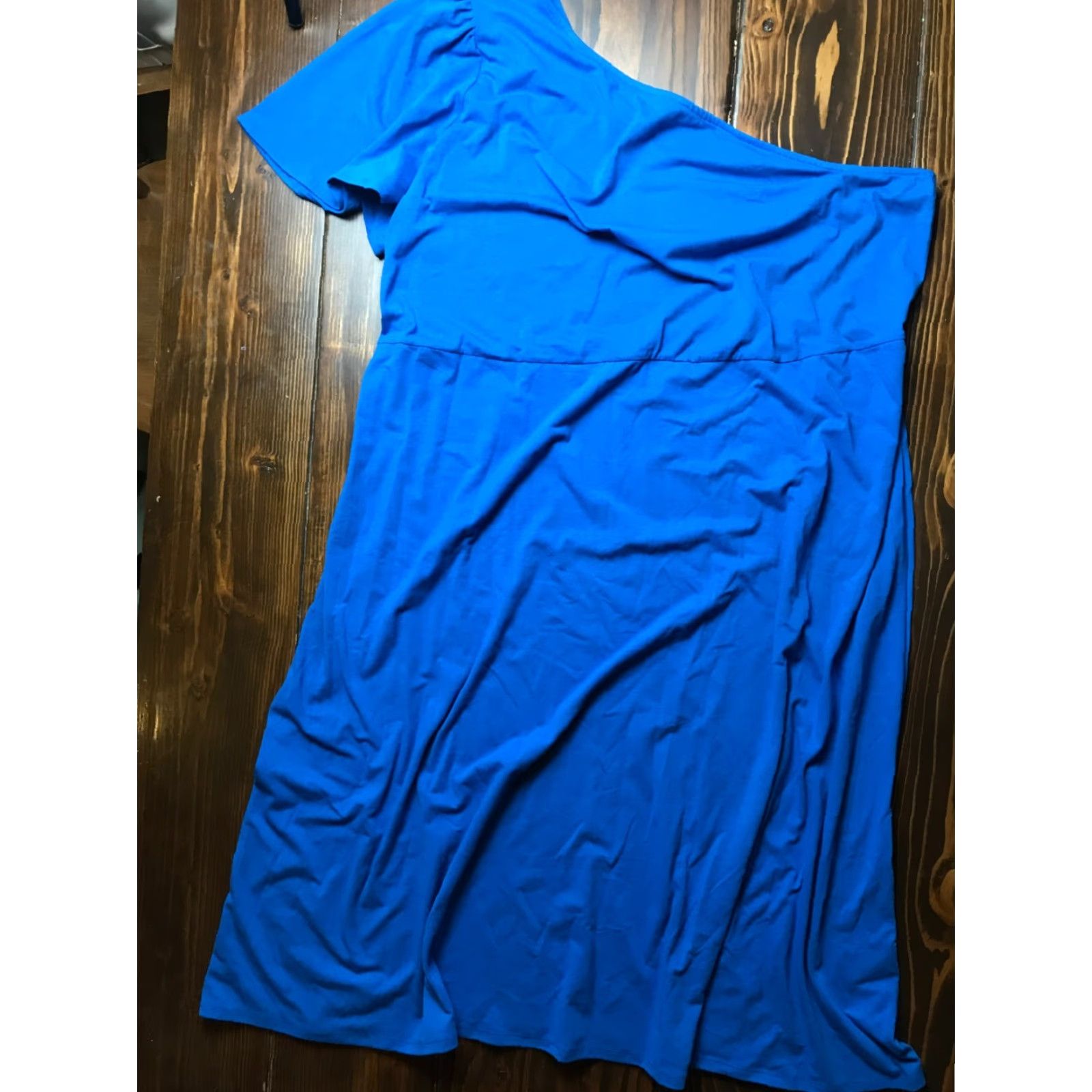 Vintage WHO WHAT WEAR Dress Womens Plus Size 2X Blue Midi One Shoulder 46" Long Short Sleeve Pullover Casual Party/Cocktail Travel Womens Size XXL / US 16-18 / IT 52-54 - 2 Thumbnail