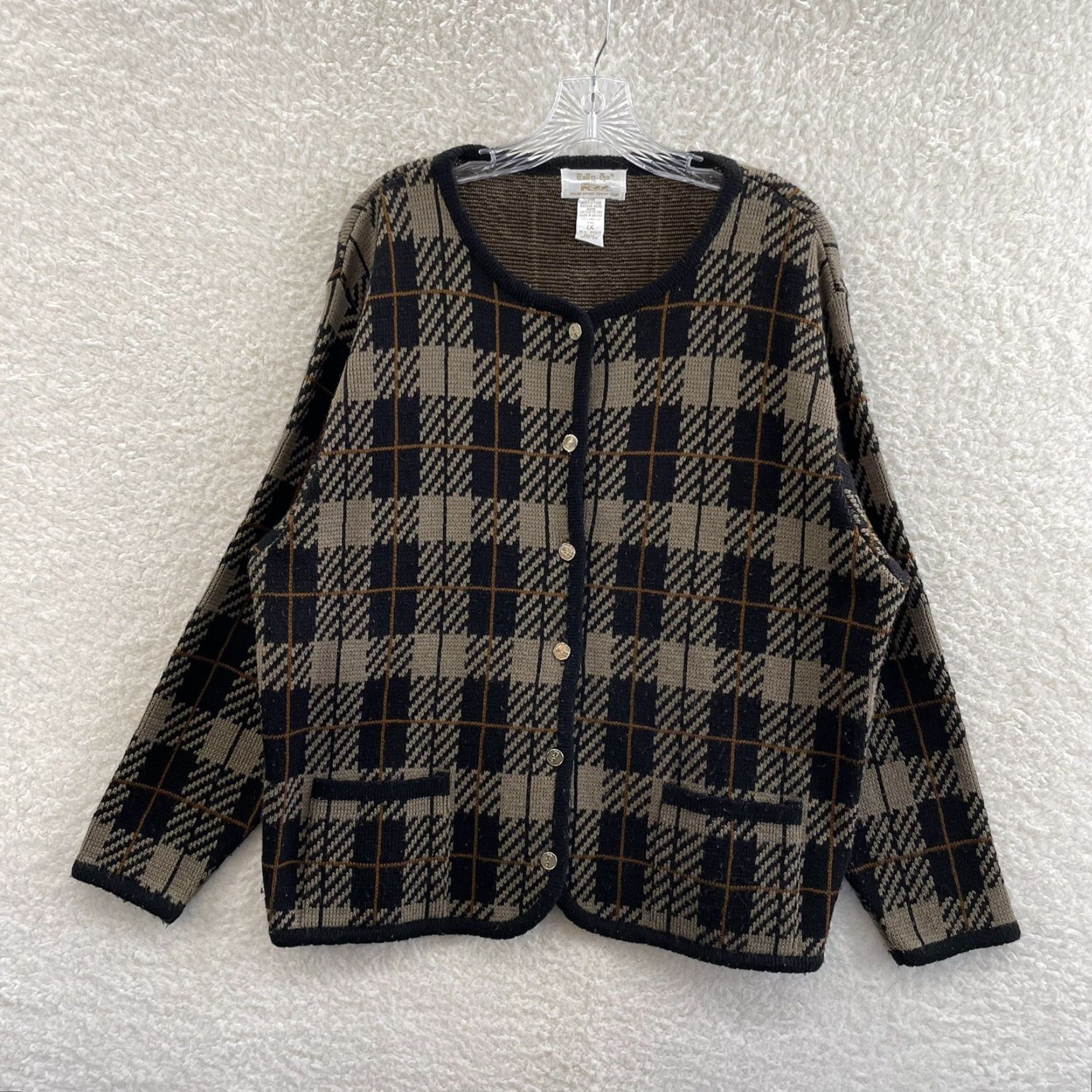 Vintage VINTAGE 90s Cardigan Sweater 1X XL Plus Size Tan Tartan Plaid Academia Grandma Women Size XL / US 12-14 / IT 48-50 - 2 Thumbnail