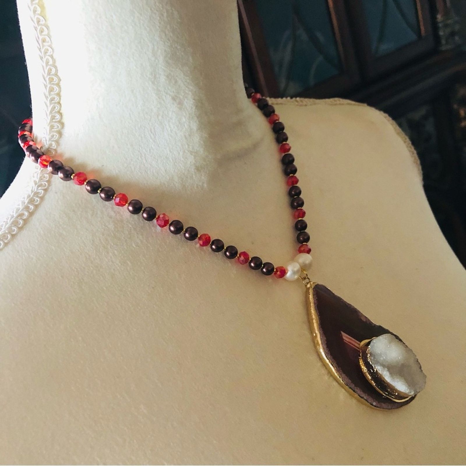 Handmade Handcrafted repurpose drusy agate slab Pearl necklace Size ONE SIZE - 4 Thumbnail