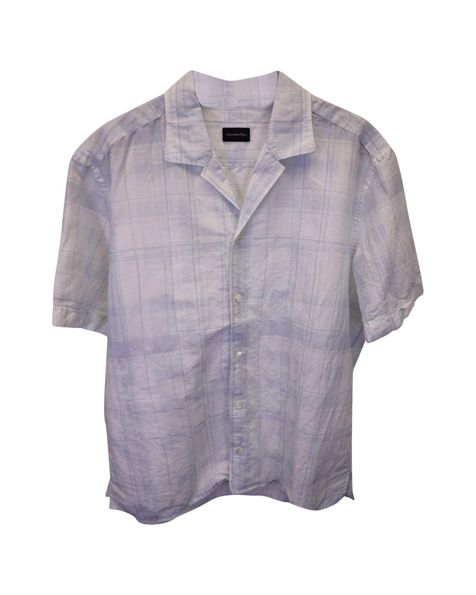image of Ermenegildo Zegna Light Blue Linen Plaid Short Sleeve Shirt in Blue/Light Blue, Men's (Size Large)