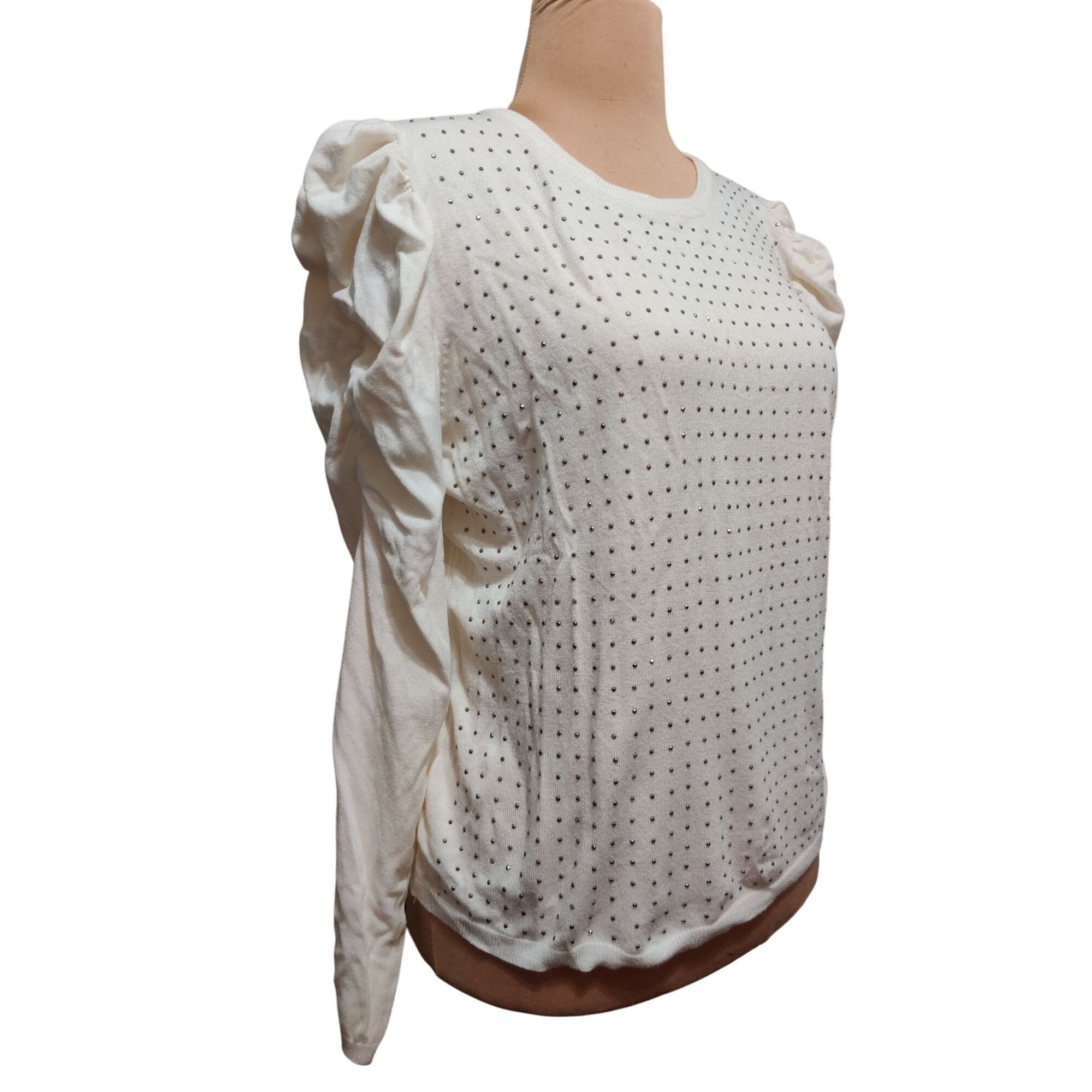 Other Joseph A L Womens Top Cream Long Sleeve Rhinestone Puff Shou Size L / US 10 / IT 46 - 2 Thumbnail