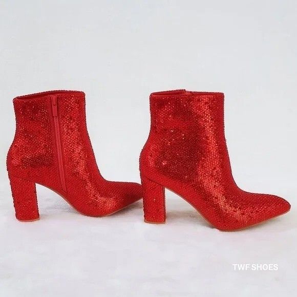 Other Crystel Red Rhinestone Block Heel Sparkling Ankle Boots (US Size US 8 / IT 38 - 2 Thumbnail