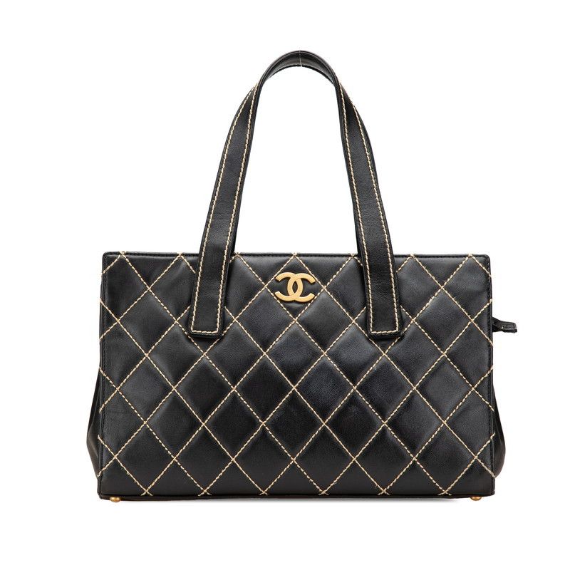 Chanel Chanel Coco Mark Wild Stitch Lambskin Tote Bag Leather Tote Bag in Black, Women's