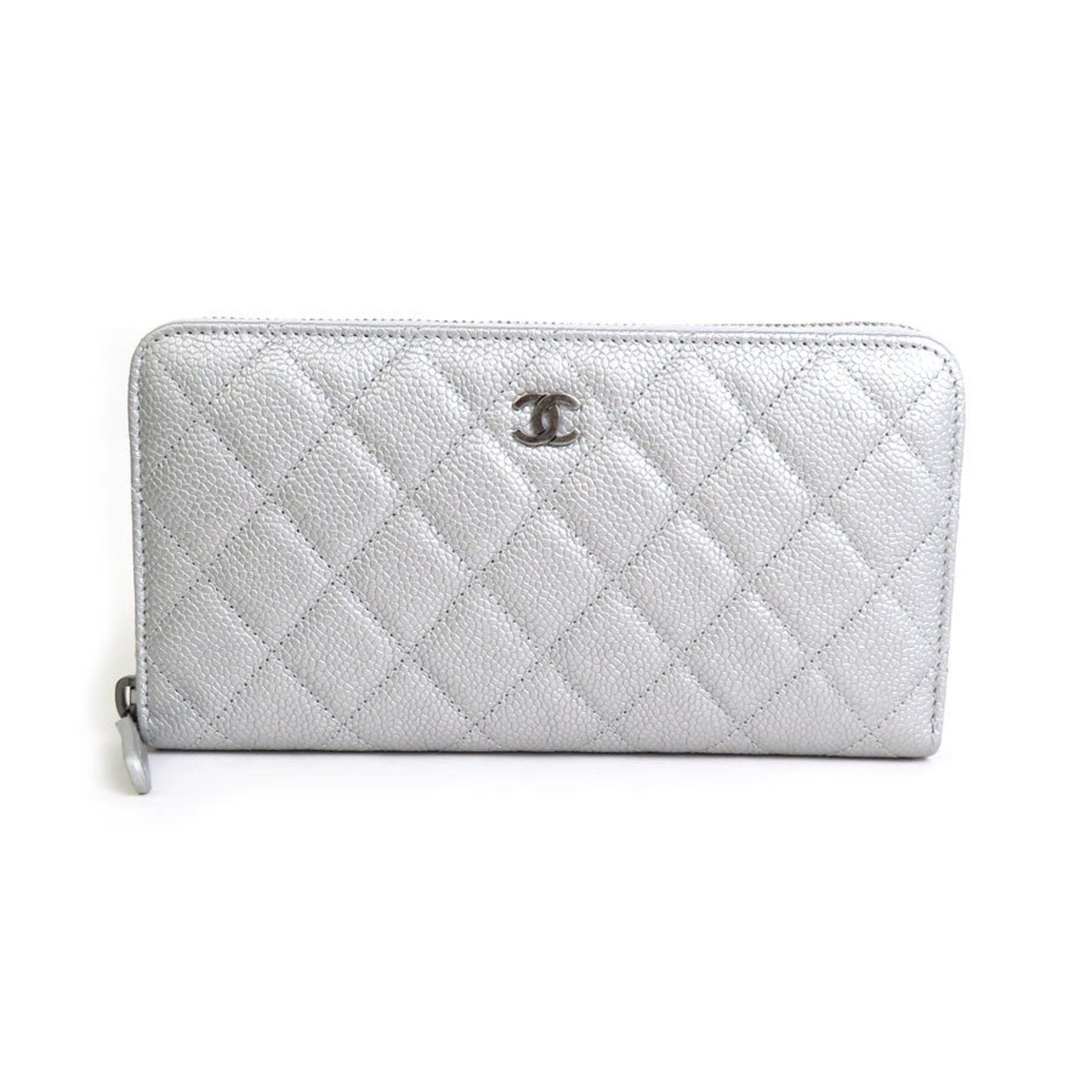 image of Chanel Round Zipper Long Wallet Matelasse Caviar Skin Leather Silver Unisex, Women's