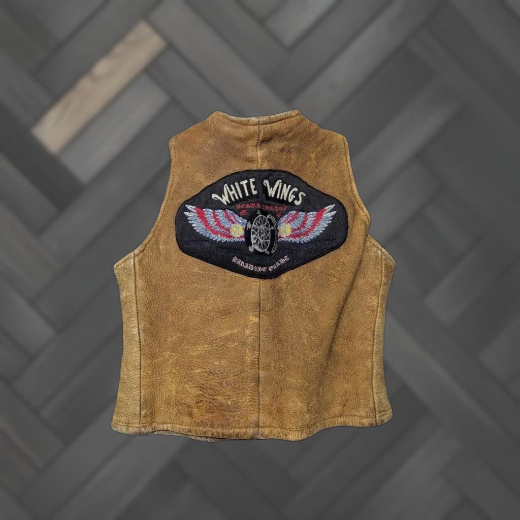 VINTAGE 1960s MC BIKER leather vest XXS brown leather chest 32-34 zip motorcycle patina WHITE WINGS Unisex Adults XS?