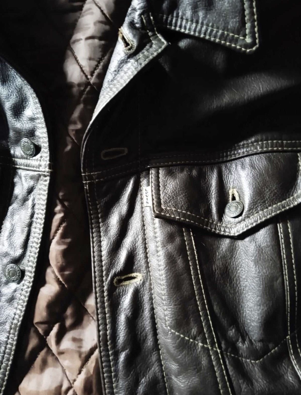 Levi's × Vintage Vintage 80s Levi’s Leather Brown Trucker Jacket White Tab Size US L / EU 52-54 / 3 - 3 Thumbnail