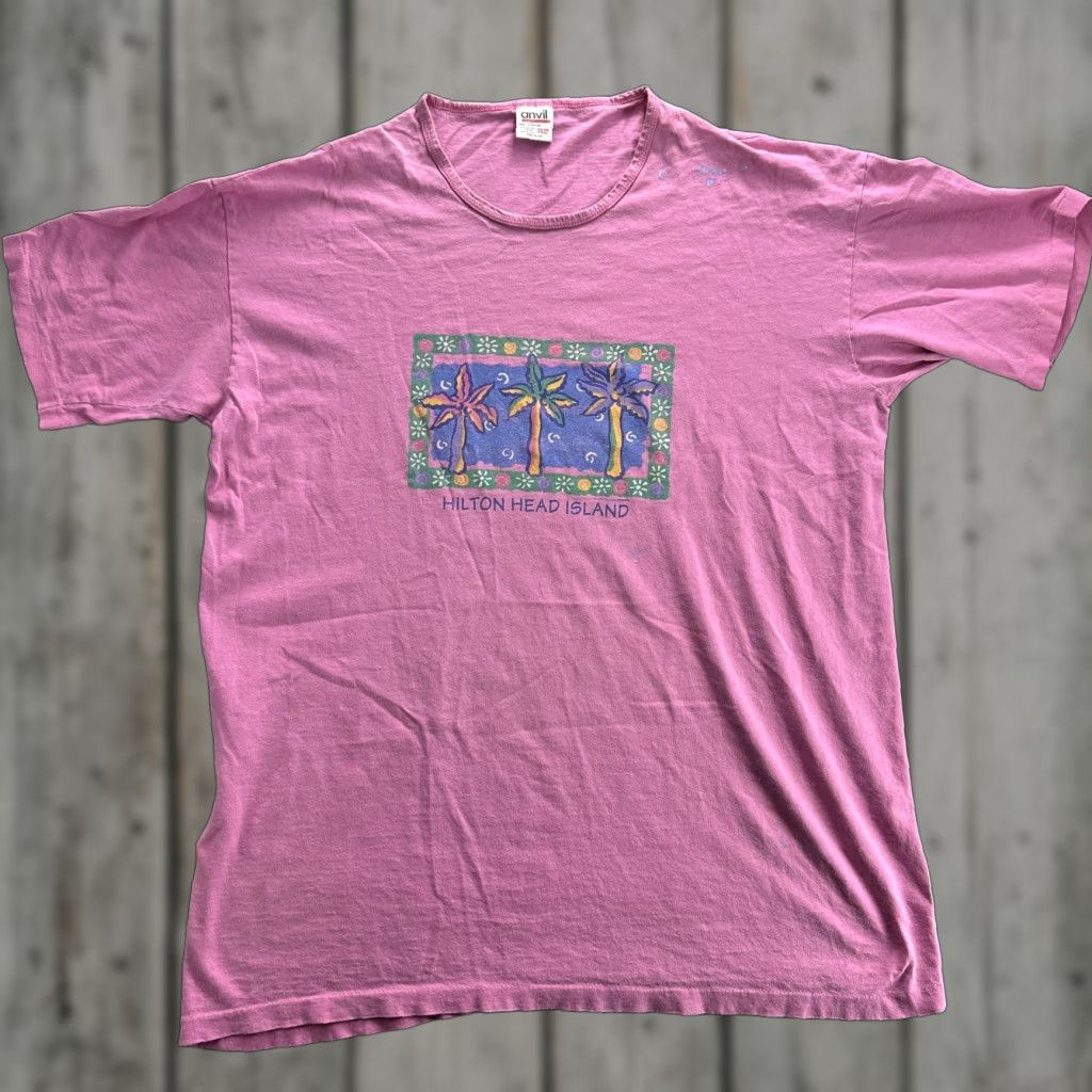 Anvil VINTAGE Hilton Head Island T-Shirt Men One Size Pink Palm Tree Graphic 90s Beach Travel Tee Size US L / EU 52-54 / 3 - 1 Thumbnail