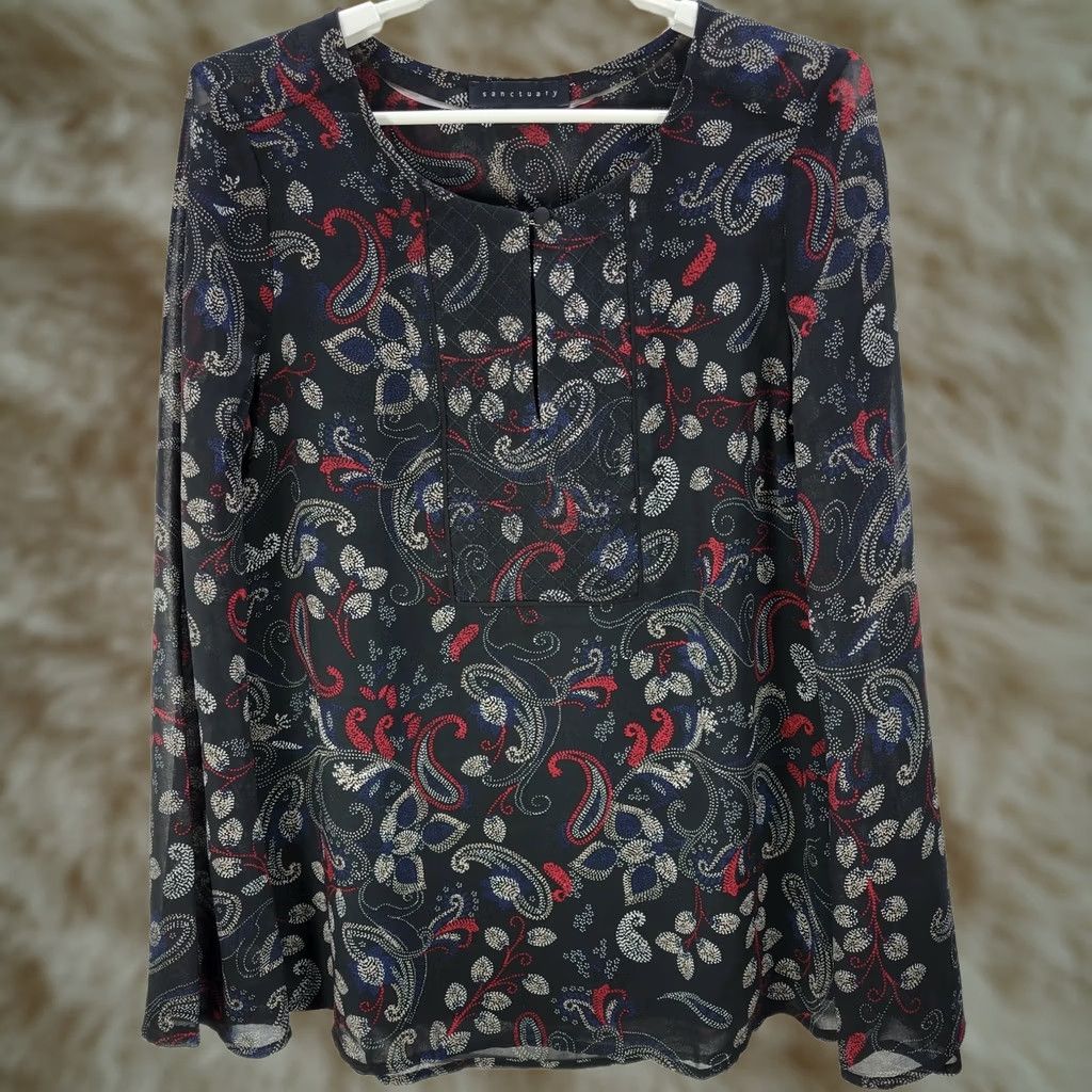 Sanctuary Sanctuary Blouse Shirt Womens Relaxed Silky Paisley Floral Black White Red Sz S Linen? Size S / US 4 / IT 40 - 1 Thumbnail