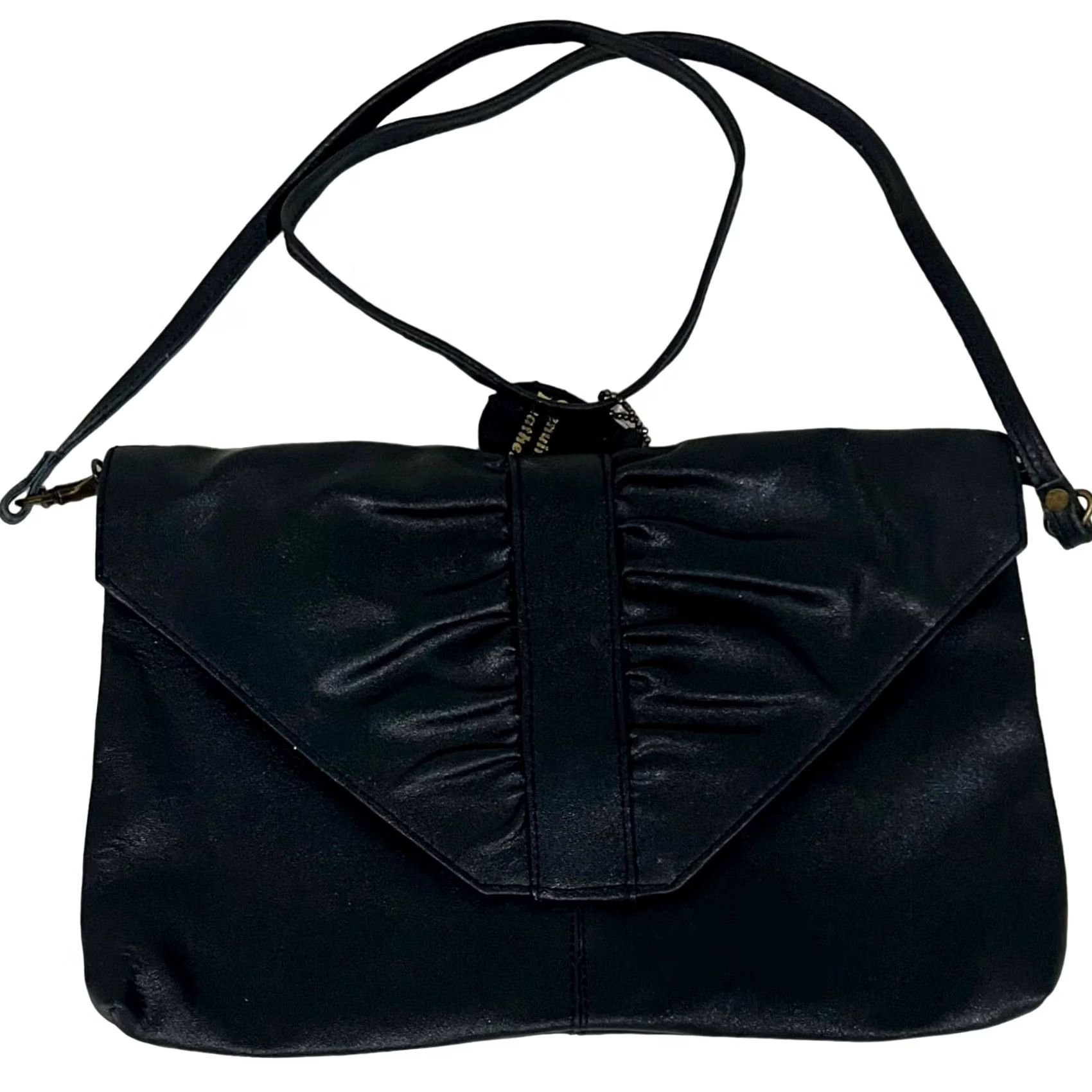 Vintage VINTAGE 90s Leather Purse Black Clutch Shoulder Bag Envelope Snap Ruched Front Women Leather Clutch Mens Womens Budgets Size ONE SIZE - 2 Thumbnail