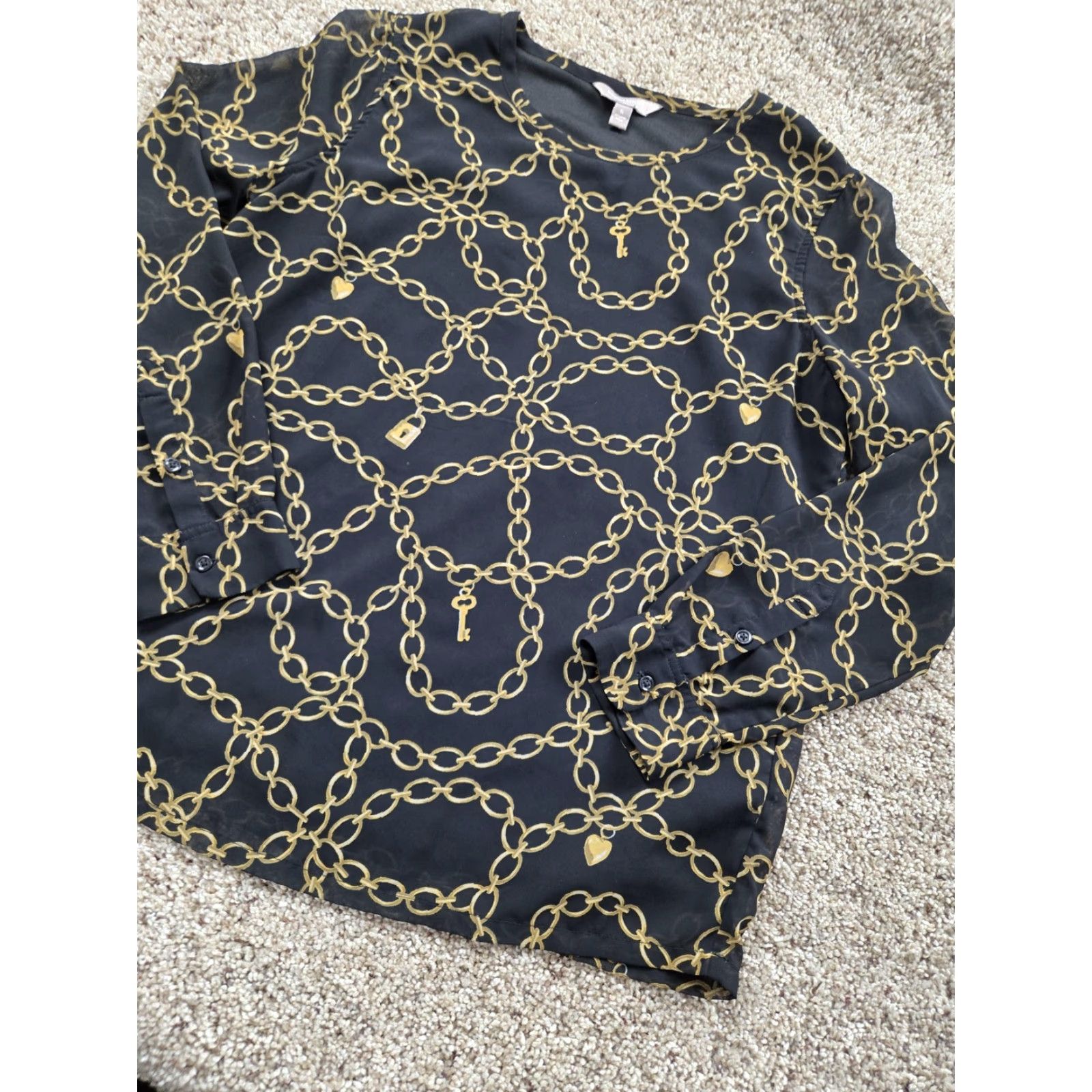 Banana Republic Banana Republic Blouse Womens Small Black Chain Lock Key Print Long Sleeve Top Size S / US 4 / IT 40 - 2 Thumbnail