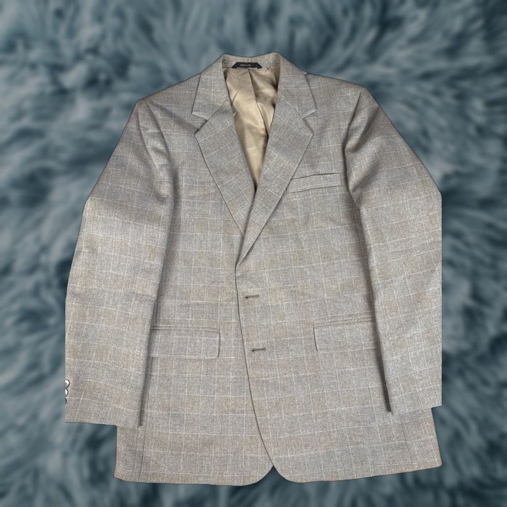 Haggar VINTAGE Haggar Suit Mens 42 2 Piece Blazer Pants 38x30 Brown Checkered Made In USA Gray Wool 90s London Wedding Mens Size 42R - 1 Thumbnail