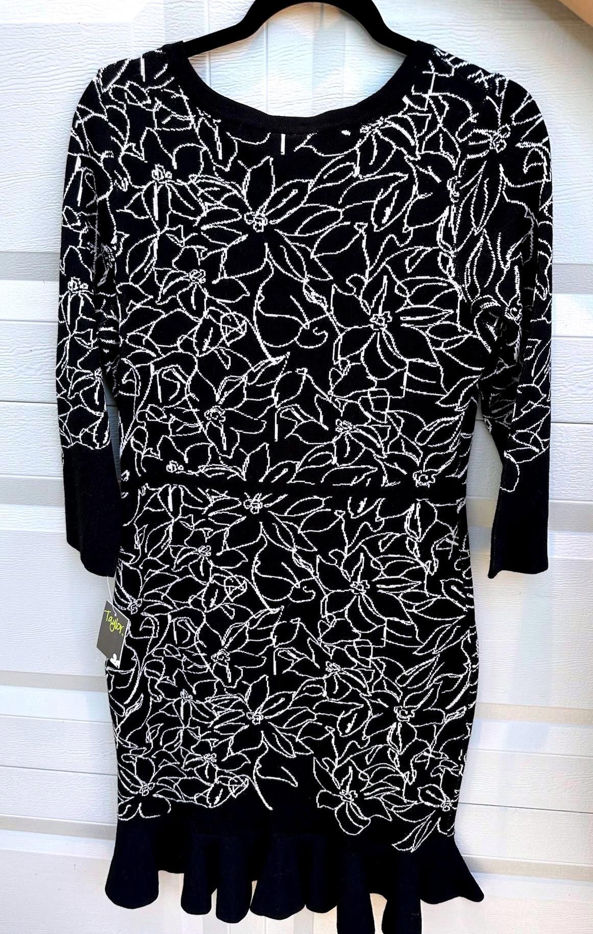 Ann Taylor Elegant Taylor Black Floral Dress with V-Neck and Ruffle Hem Size L / US 10 / IT 46 - 2 Thumbnail