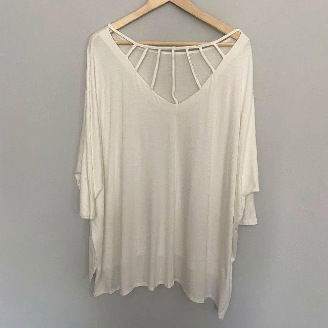 Vintage Cyrus Womens Blouse Ivory Short Sleeve Batwing Dolman Stretch Cutout Hi-Lo Medium M Size M / US 6-8 / IT 42-44 - 2 Thumbnail