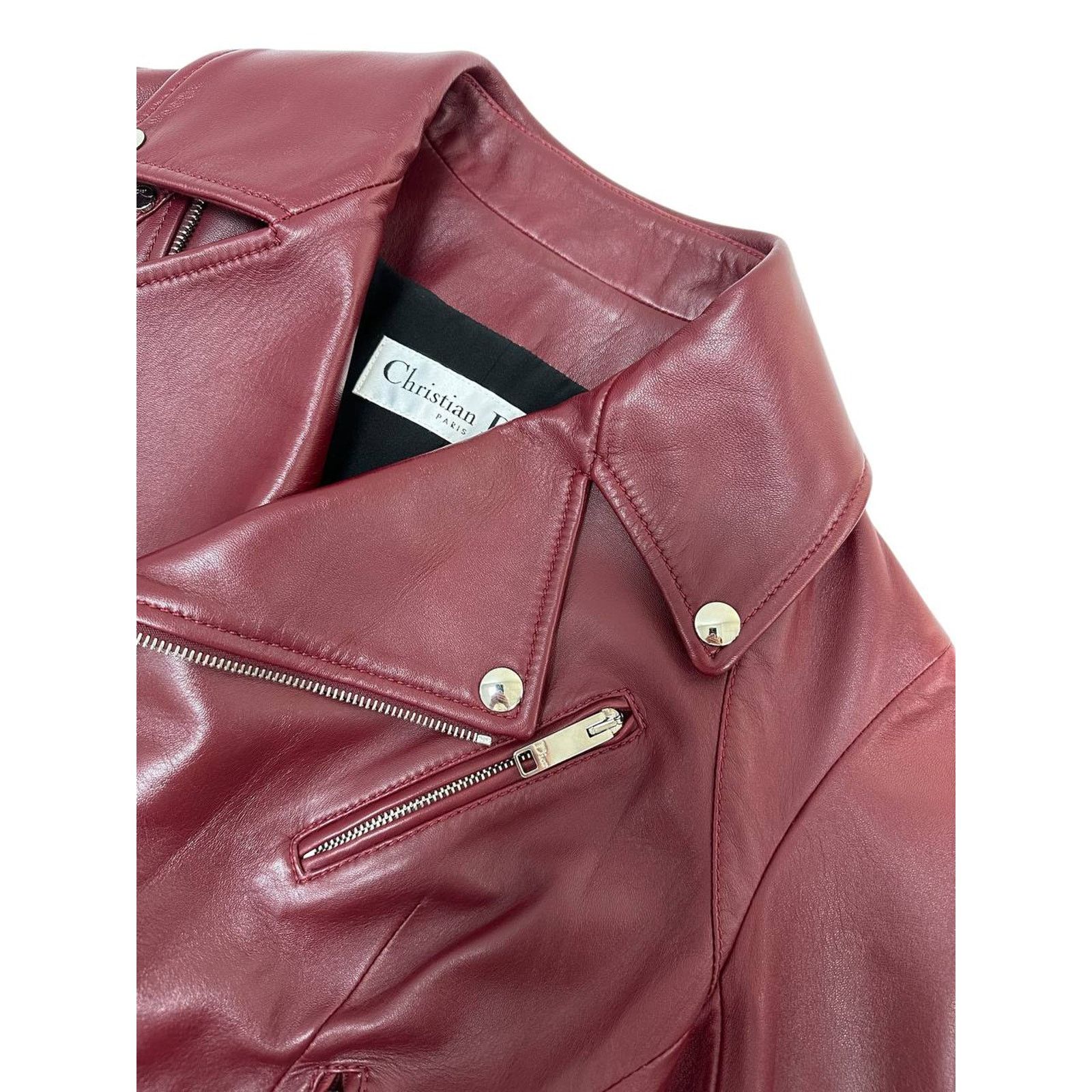 Dior Christian Dior Burgundy Leather Biker Jacket Sz.38 Size S / US 4 / IT 40 - 6 Thumbnail