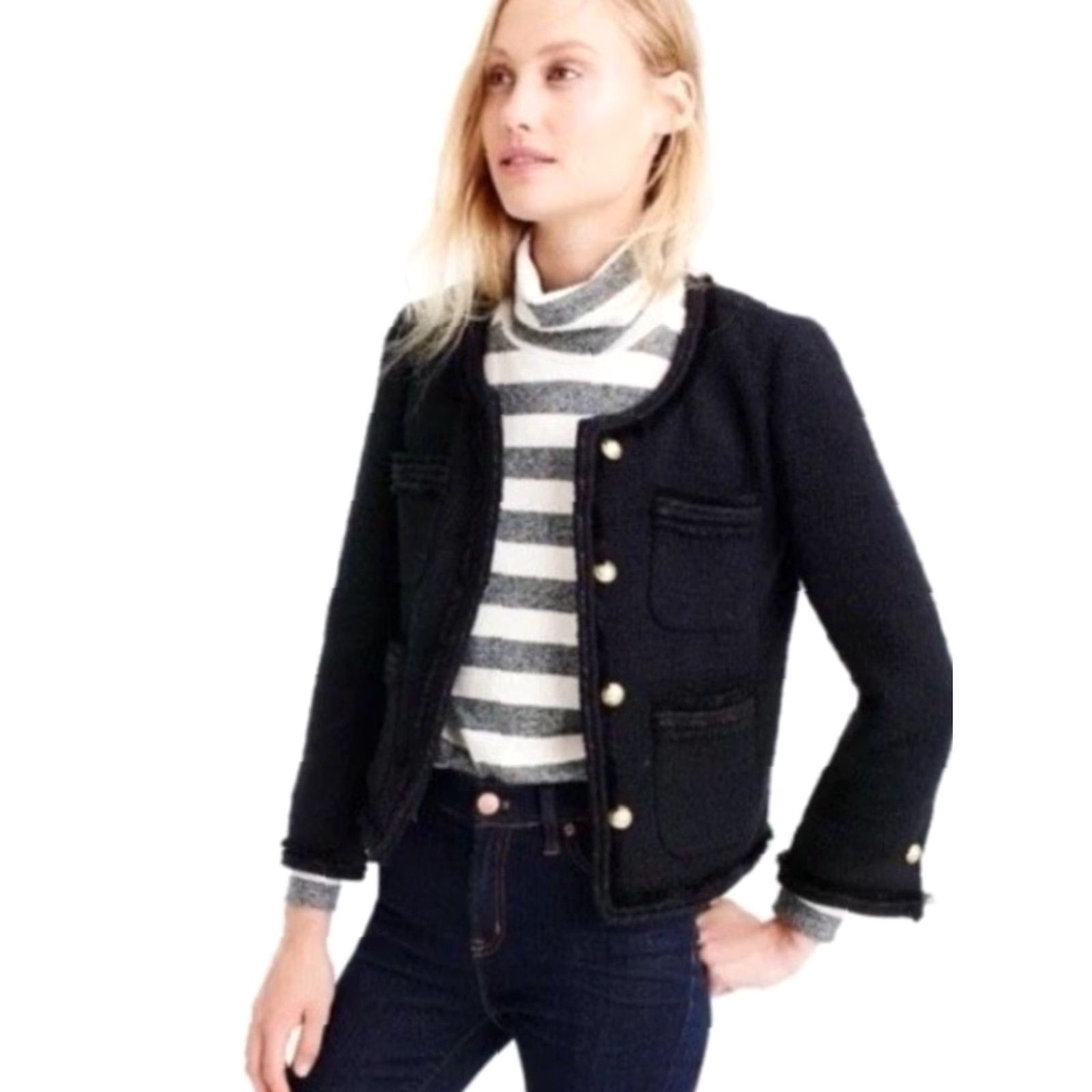 J.Crew J.CREW Jacket Wool Tweed Black Gold Buttons Cropped 00 Women Front Pockets interior Pocket EUC F9995 Size XXS / US 00 / IT 34 - 2 Thumbnail