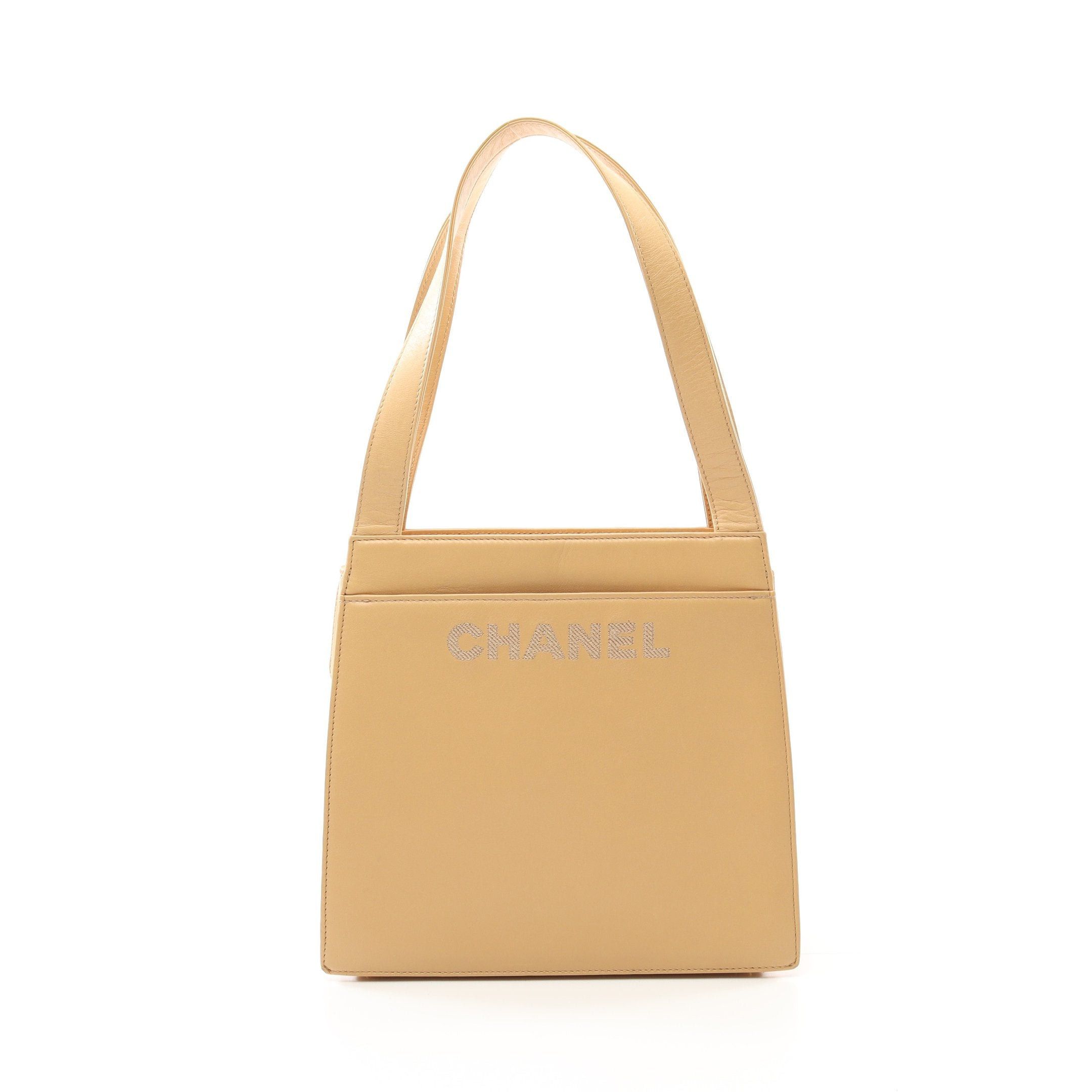 Chanel Chanel Shoulder Bag Logo Embroidery Lambskin Beige Gold Hardware Size ONE SIZE - 1 Thumbnail