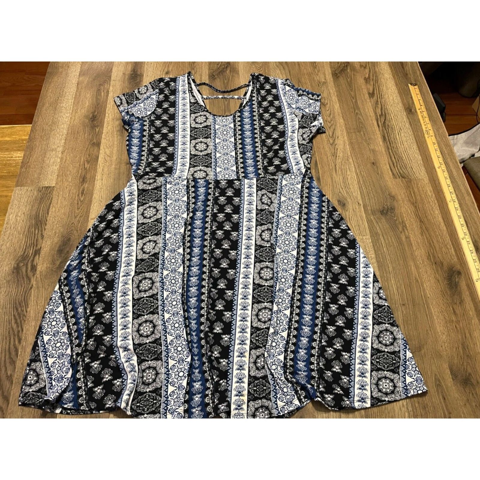 Vintage Bobbie Brooks Dress Women's Plus Size 1X Black White Blue Floral Paisley Striped Short A-Line Casual Size XL / US 12-14 / IT 48-50 - 2 Thumbnail