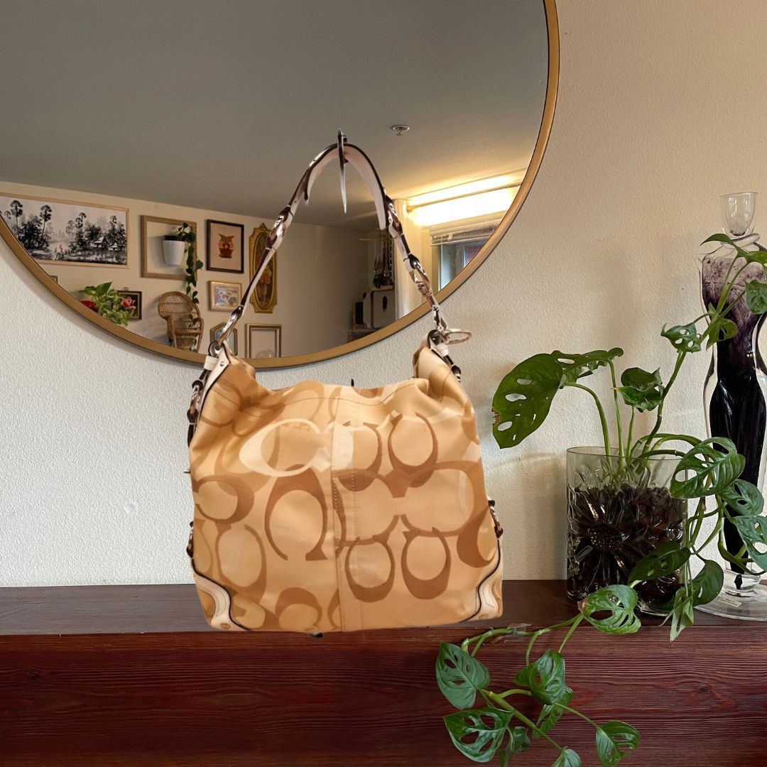 image of Coach Carly Signature Optic Leather Canvas Hobo Bag Cream in Beige, Women's