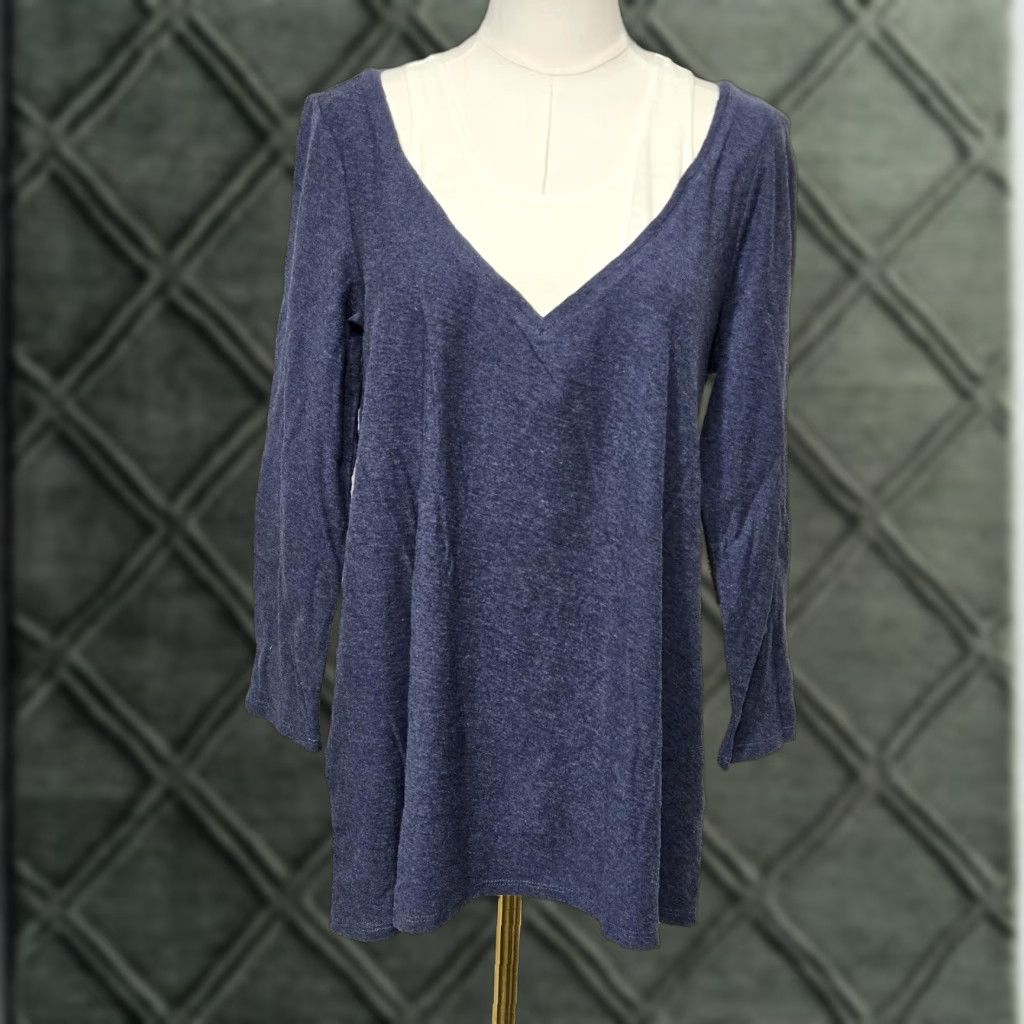 Vince Camuto Vince Camuto Womens Tunic Top Indigo Layered V Neck 3/4 Sleeve Twofer T-Shirt Navy White Inset Small Size S / US 4 / IT 40 - 1 Thumbnail