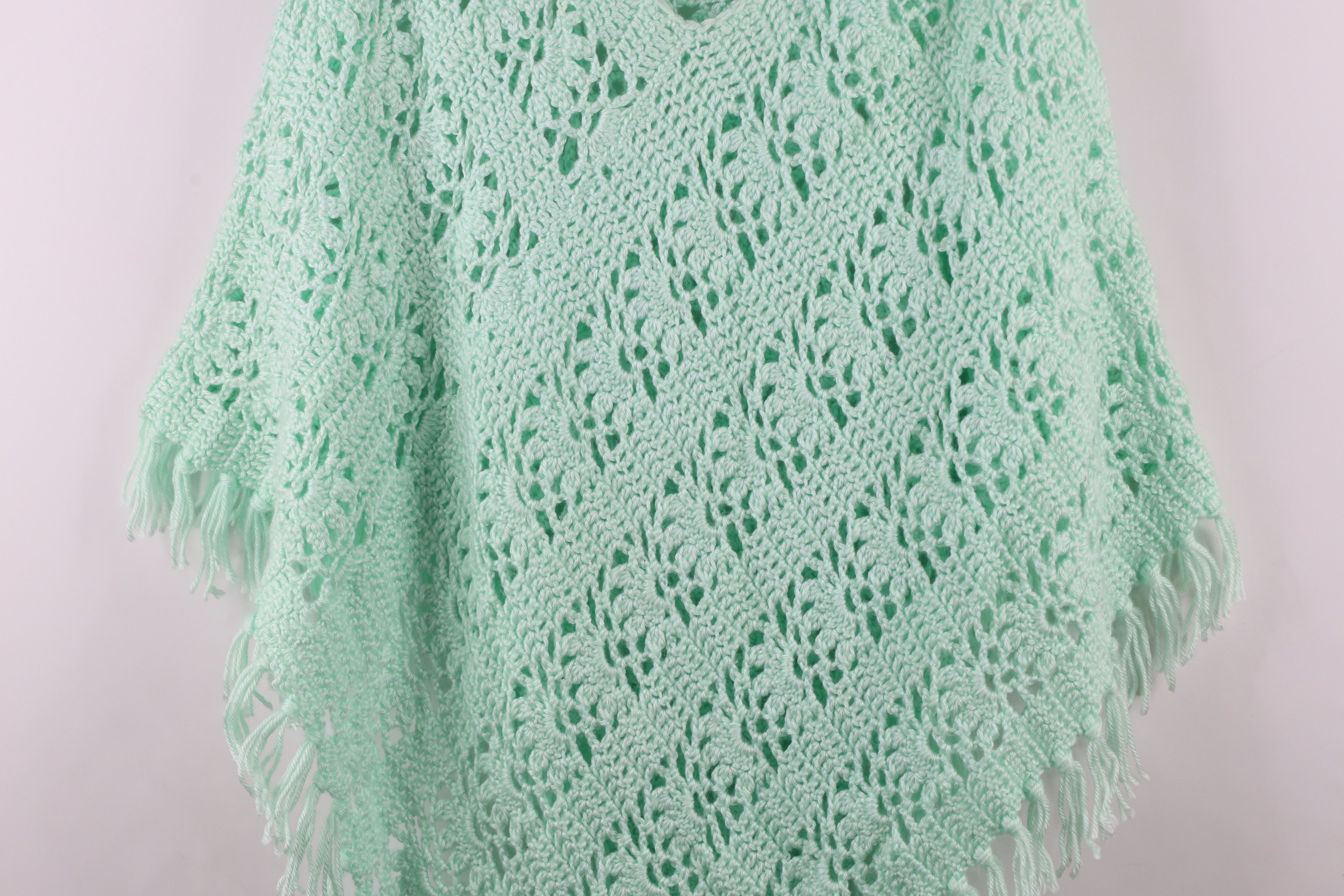Vintage Vintage 60s 70s Boho Chic Fringed Poncho Sweater Mint Size ONE SIZE - 3 Thumbnail