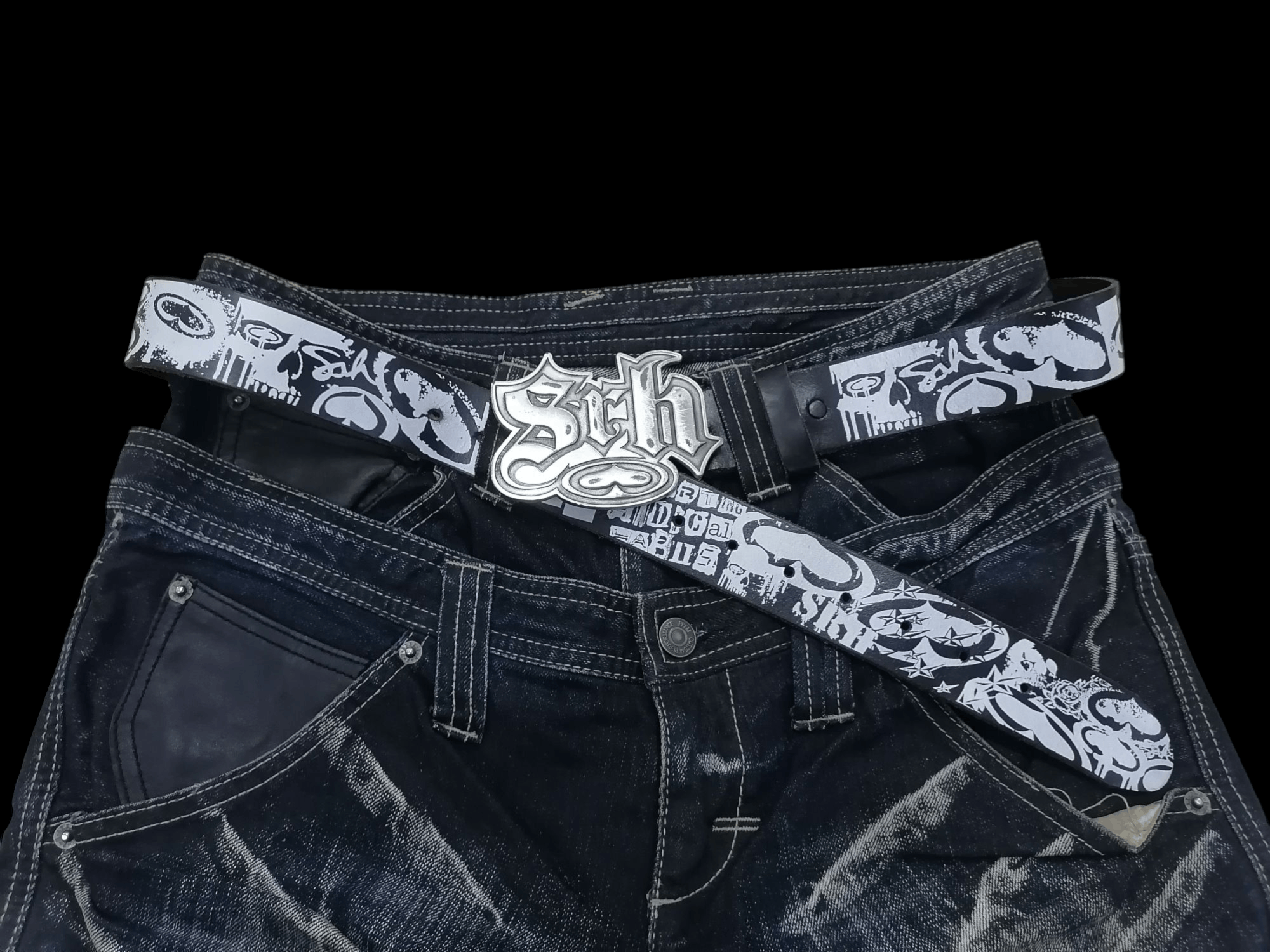 Genuine Leather S.R.H Pure Pewter Big Buckle Over Print Leather Belts Size ONE SIZE - 1 Thumbnail