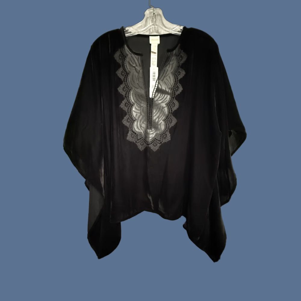 Vintage Chicos Blouse Womens S/M Black Velvet Embroidered Boho Poncho Tunic Top Size S / US 4 / IT 40 - 1 Thumbnail