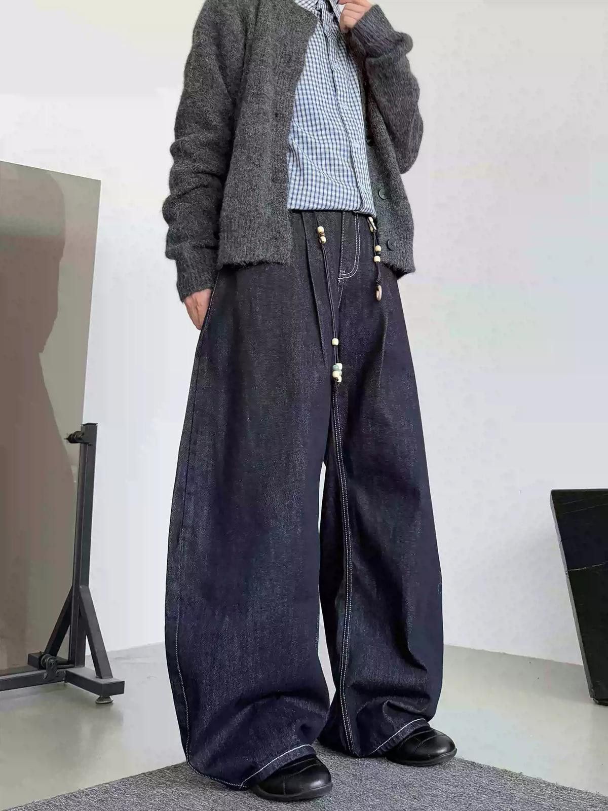 Vintage Blue Wide Leg Raw Denim Jeans, Baggy Loose Fit Jeans Size US 32 / EU 48 - 3 Thumbnail