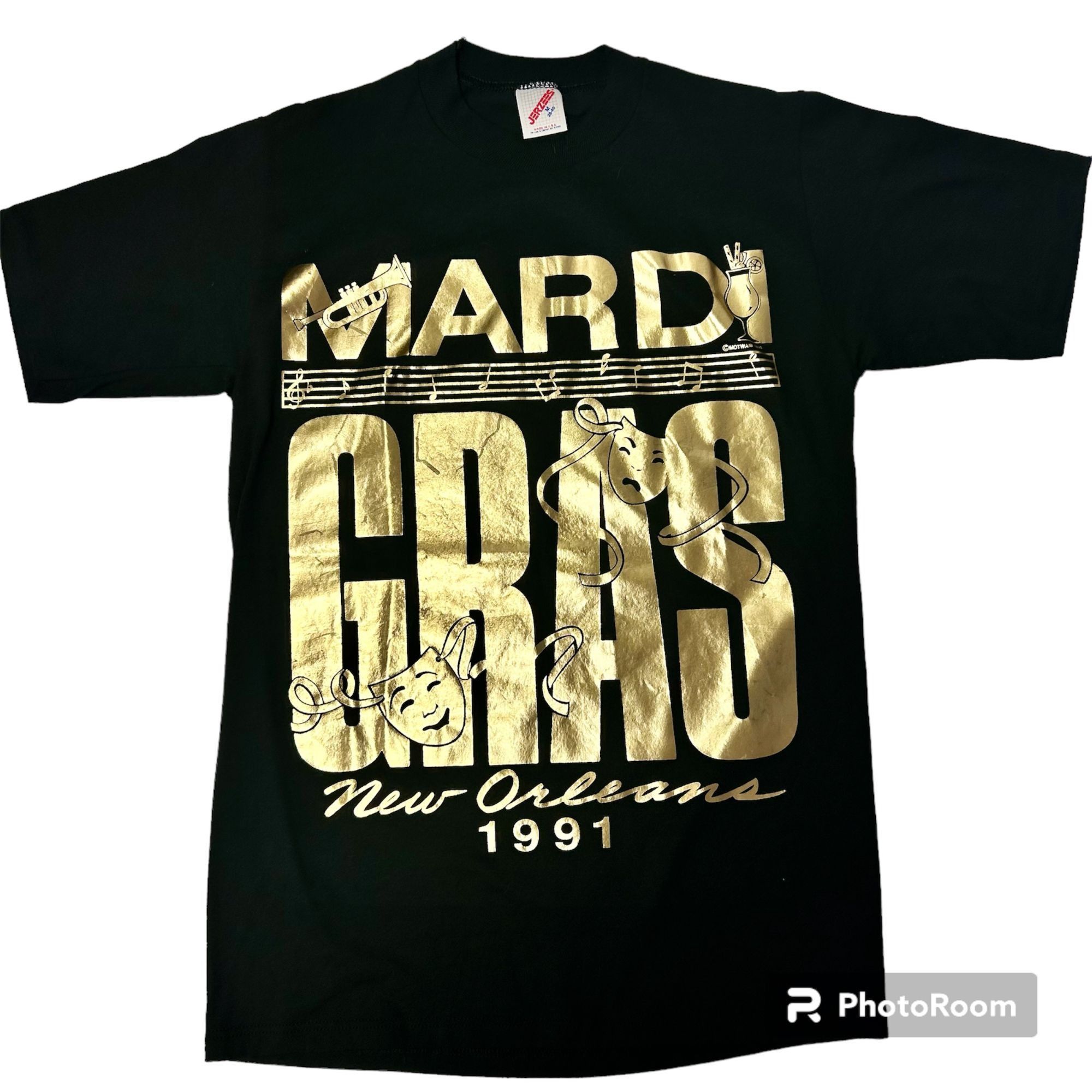 image of Russell Athletic New 90's Shiny Gold 1991 Mardi Gras New Orleans 50/50 Shirt in Black (Size Medium)