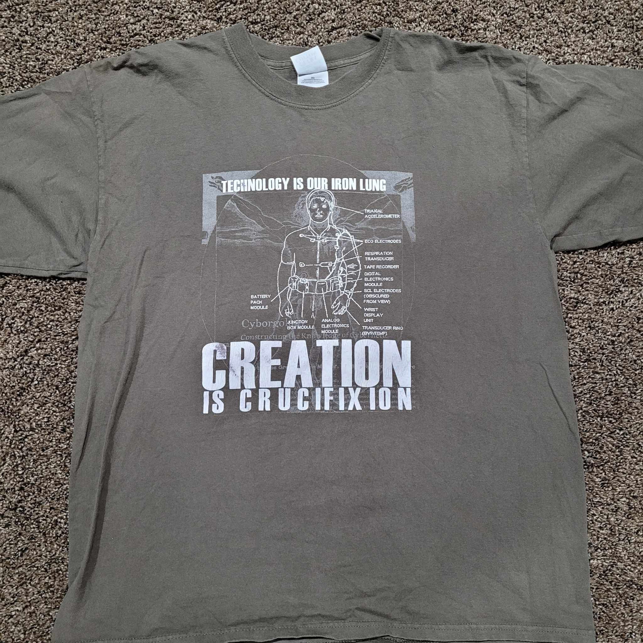 image of Band Tees x Vintage Creation Is Crucifixion Technology Is Our Iron Lung Shirt in Olive (Size XL)