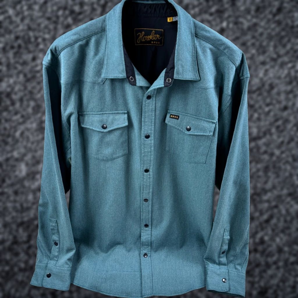 Howler Brothers Stockman Stretch Button-Up Shirt Mens XL Teal Western Casual Workwear Spr​ead Collar Pocketed