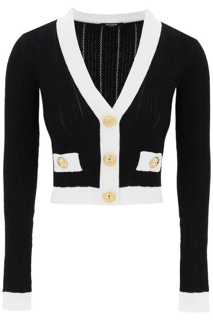 image of Balmain O1S22I1N0424 Cardigan Embossed Buttons In Black, Women's (Size Medium)
