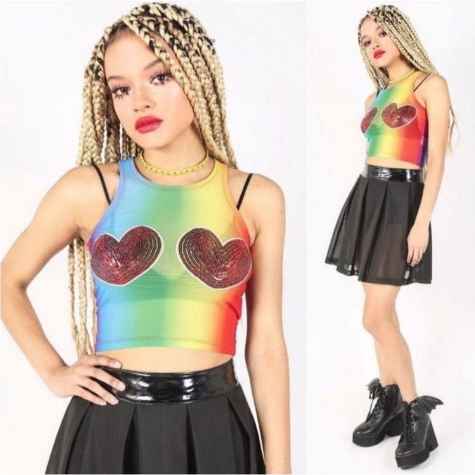 Iron Fist Iron Fist SOMEWHERE Rainbow Sequin Heart Sheer Crop Tank Top Size M / US 6-8 / IT 42-44 - 3 Thumbnail