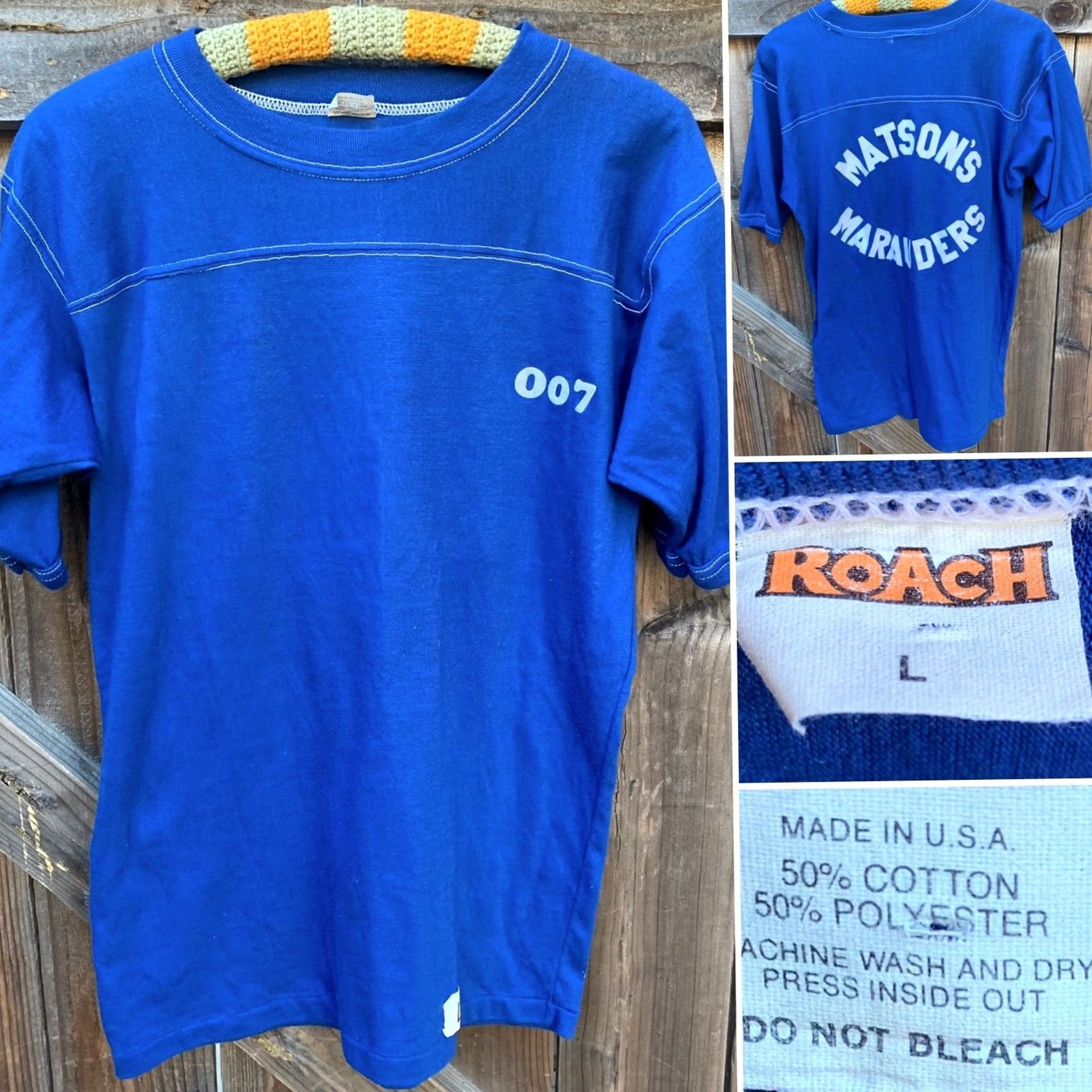 Vintage VINTAGE Roach Jersey Style T Shirt Men L Blue 70s 80s Matson’s Marauder’s Iron On O07 Roach Sportswear/Beach Shirt Mens Size US L / EU 52-54 / 3 - 7 Thumbnail