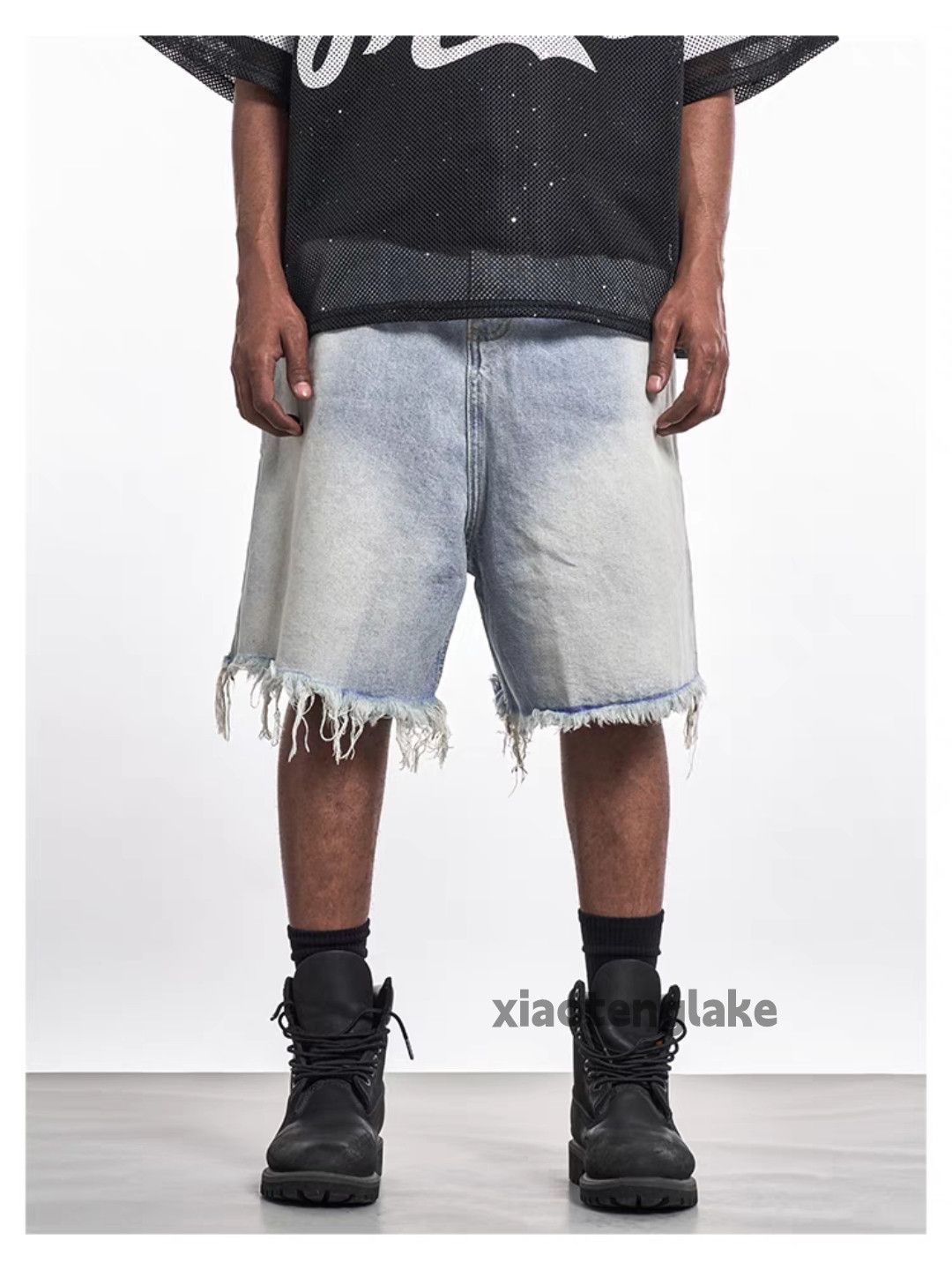 Designer Unisex washed faded loose baggy skate ripped shorts Size US 35 - 3 Thumbnail