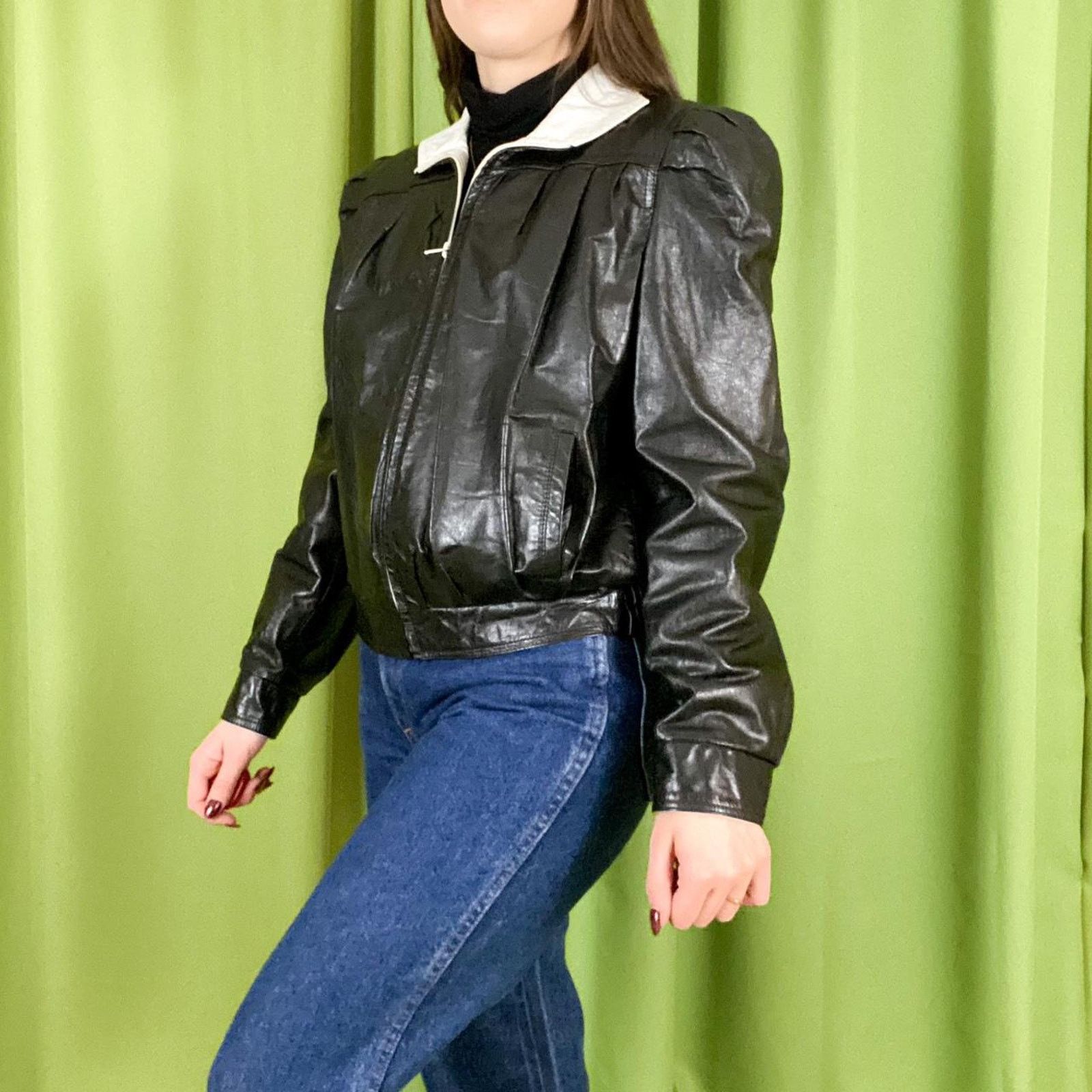 Vintage 80s Vintage Black White Genuine Leather Bomber Jacket Size S / US 4 / IT 40 - 3 Thumbnail