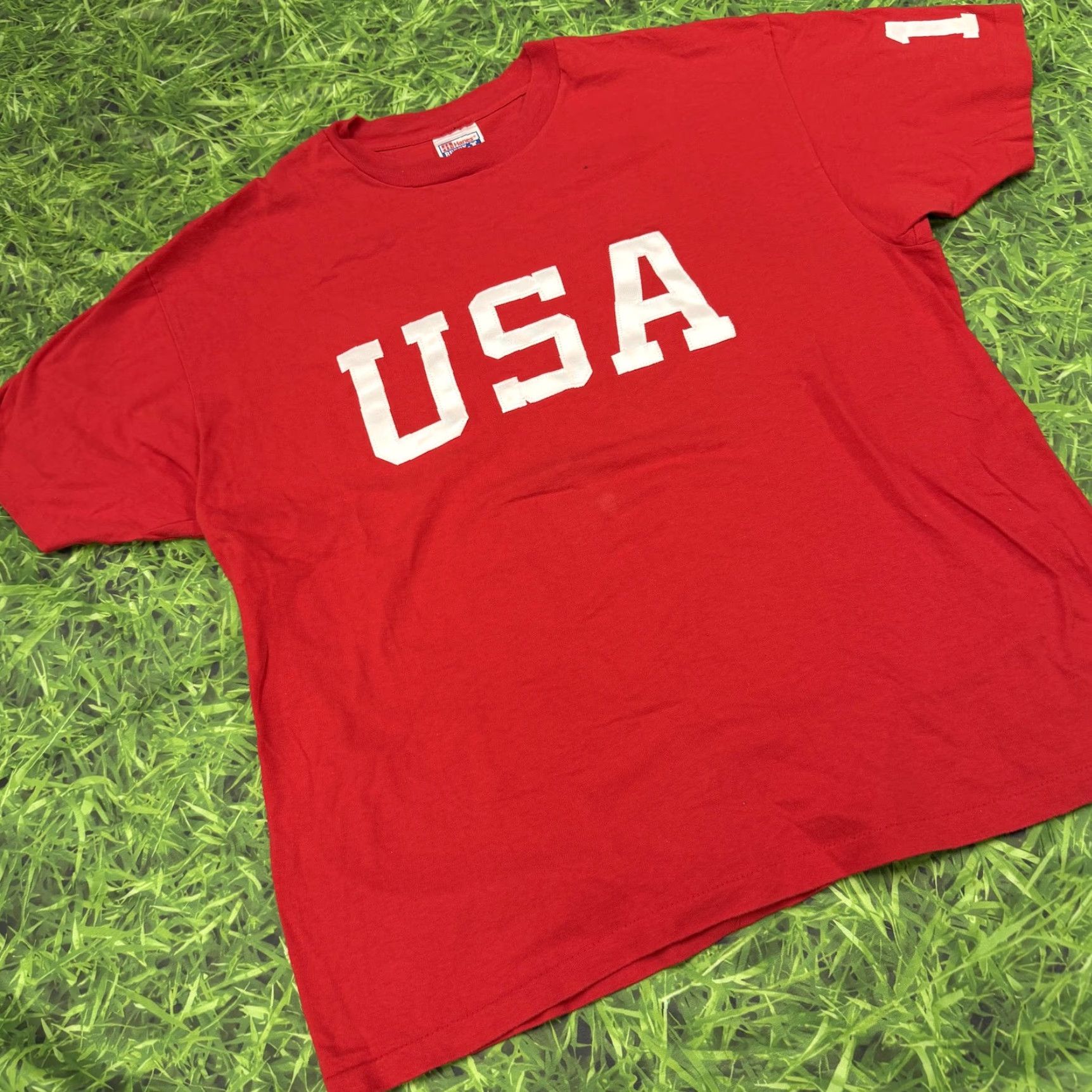 Hanes VINTAGE USA Shirt Mens XL Red Hanes Beefy-T 12 Sleeve Applique Graphic Patriotic Tee Size US XL / EU 56 / 4 - 2 Thumbnail