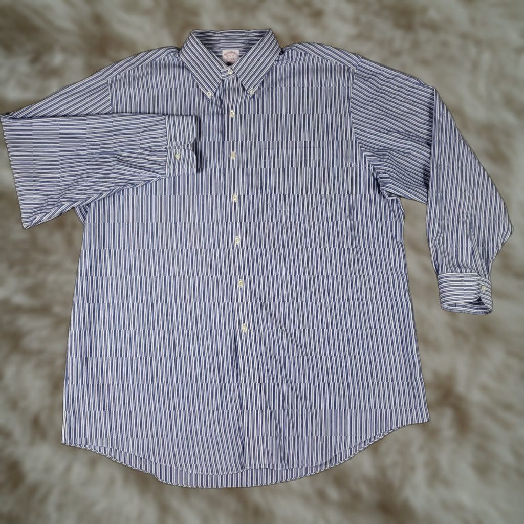Brooks Brothers Brooks Brothers Shirt Mens 17.5 Blue Striped Madison Dress Button Up Long Sleeve Shirt Regular Size 48R - 1 Thumbnail