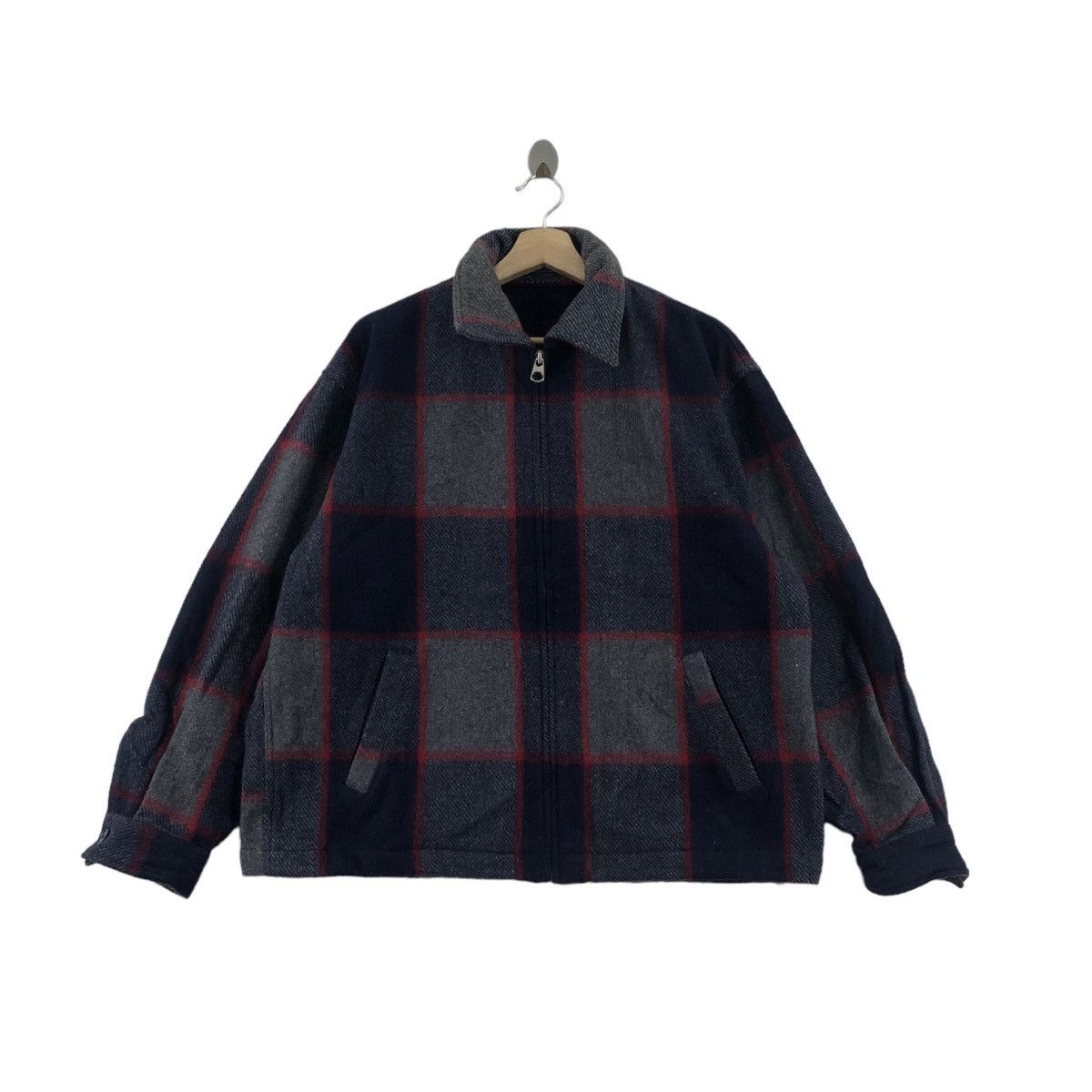 Indigo × Japanese Brand × Vintage Vintage NEO BLOOD Navy Plaid Jacket Wool Blend Sherpa Lined Size US XL / EU 56 / 4 - 1 Thumbnail